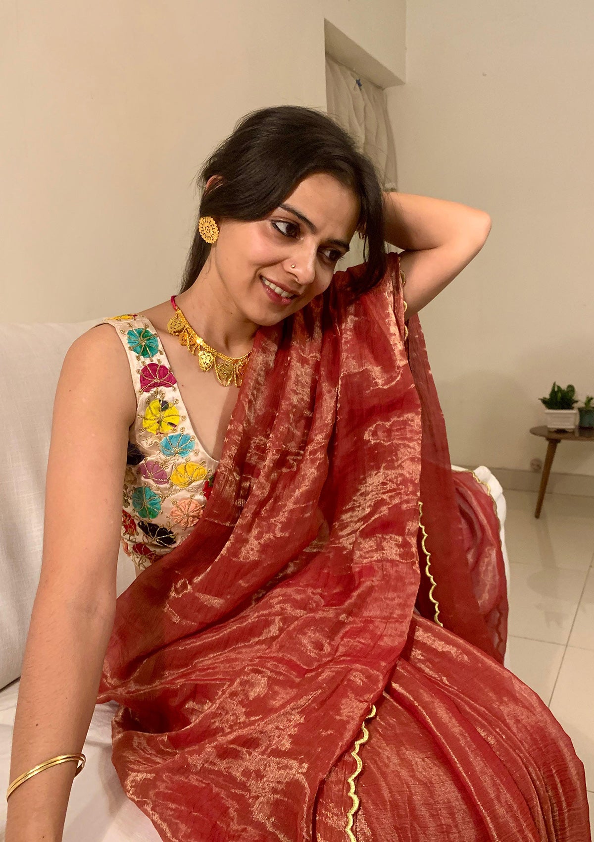 Abho Rust Tissue Chanderi Saree
