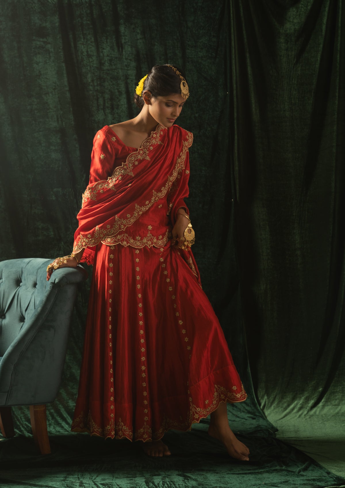 Alta Red Mulberry Silk Skirt Blouse & Dupatta Set