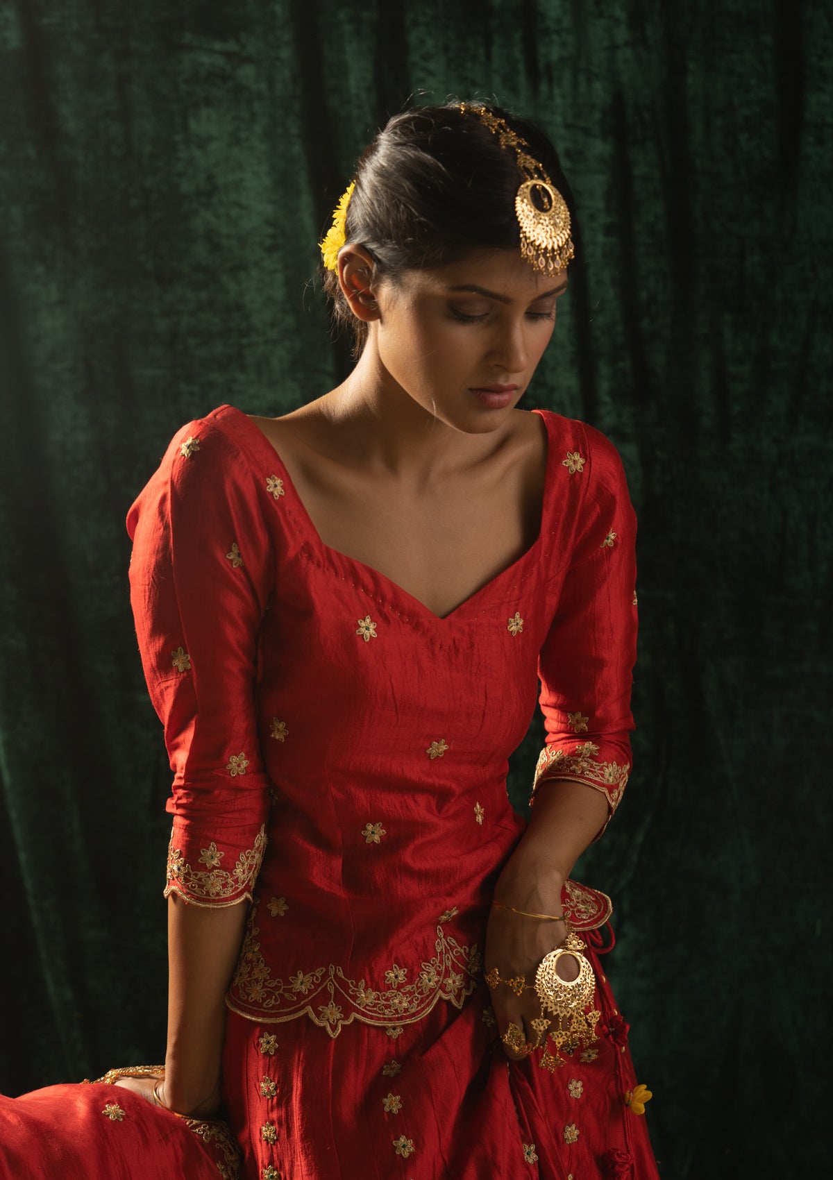 Alta Red Mulberry Silk Skirt Blouse & Dupatta Set