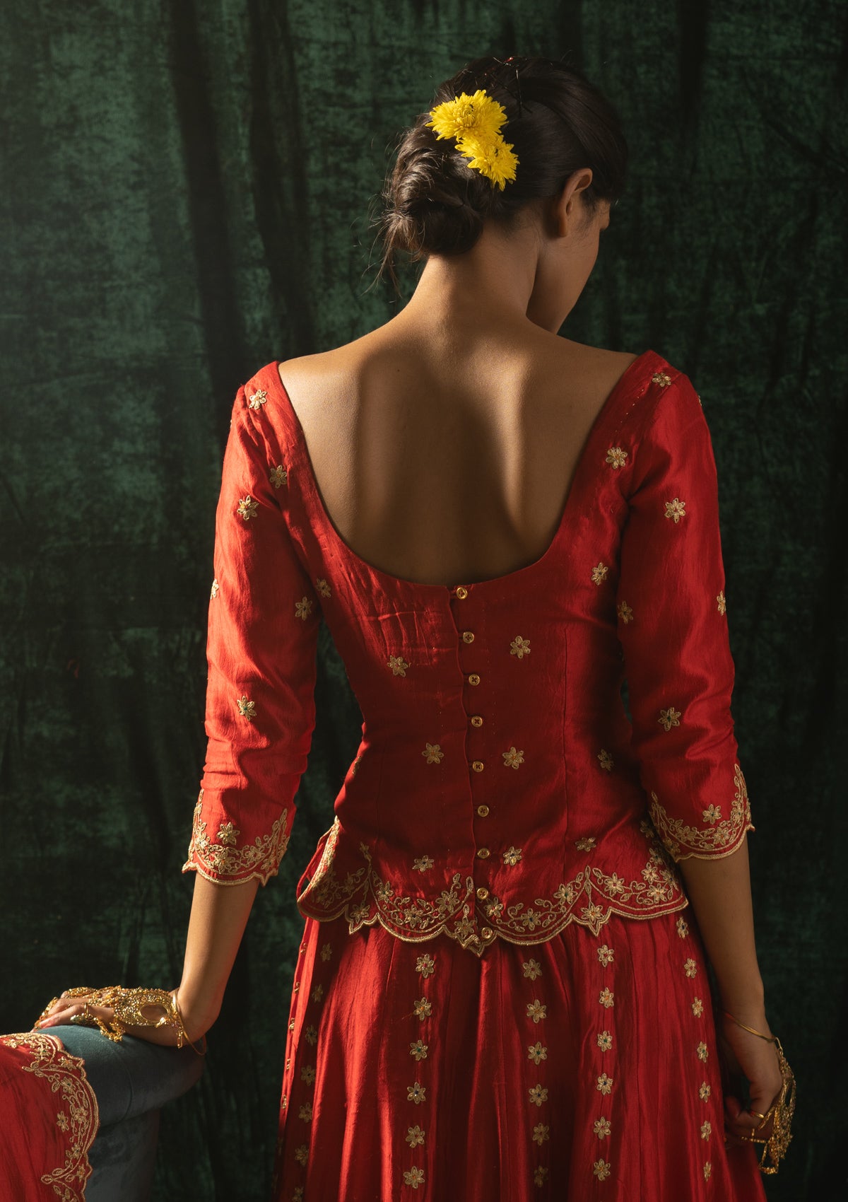 Alta Red Mulberry Silk Skirt Blouse & Dupatta Set