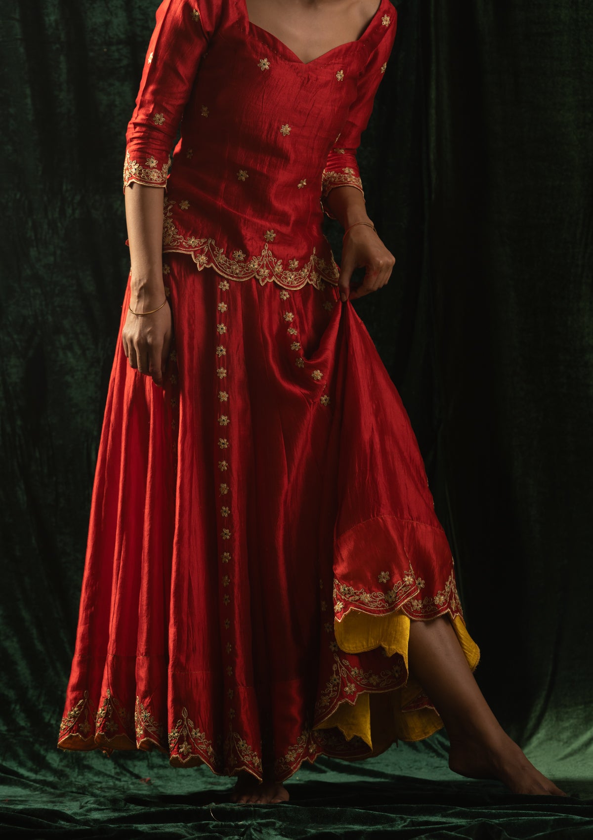 Alta Red Mulberry Silk Skirt Blouse & Dupatta Set