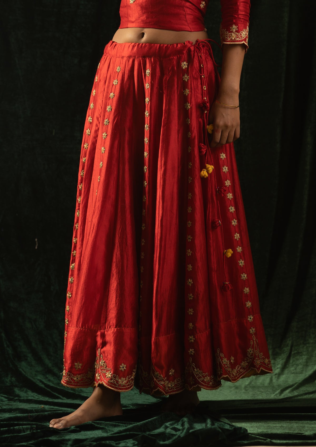 Alta Red Mulberry Silk Skirt Blouse & Dupatta Set