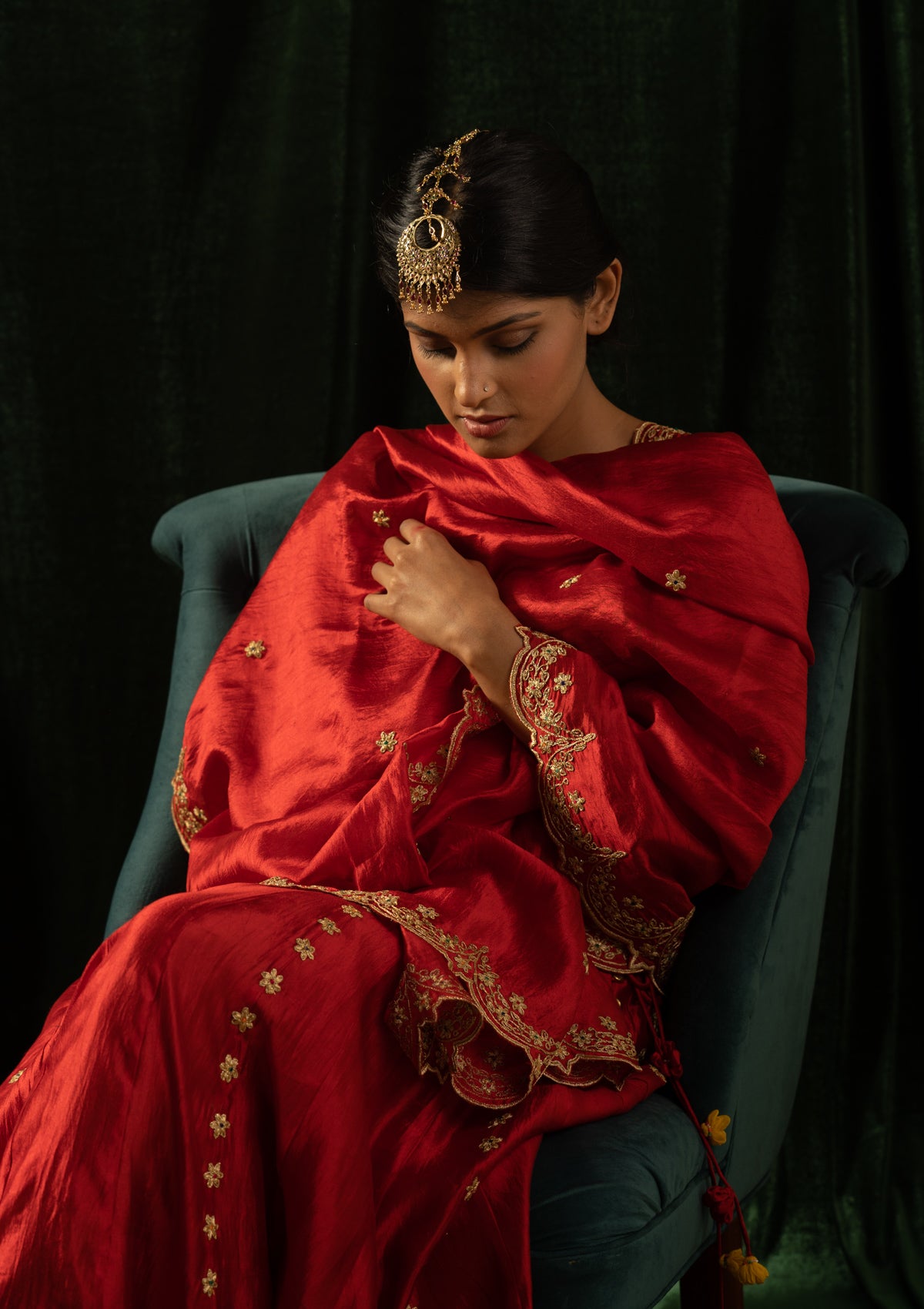 Alta Red Mulberry Silk Skirt Blouse & Dupatta Set