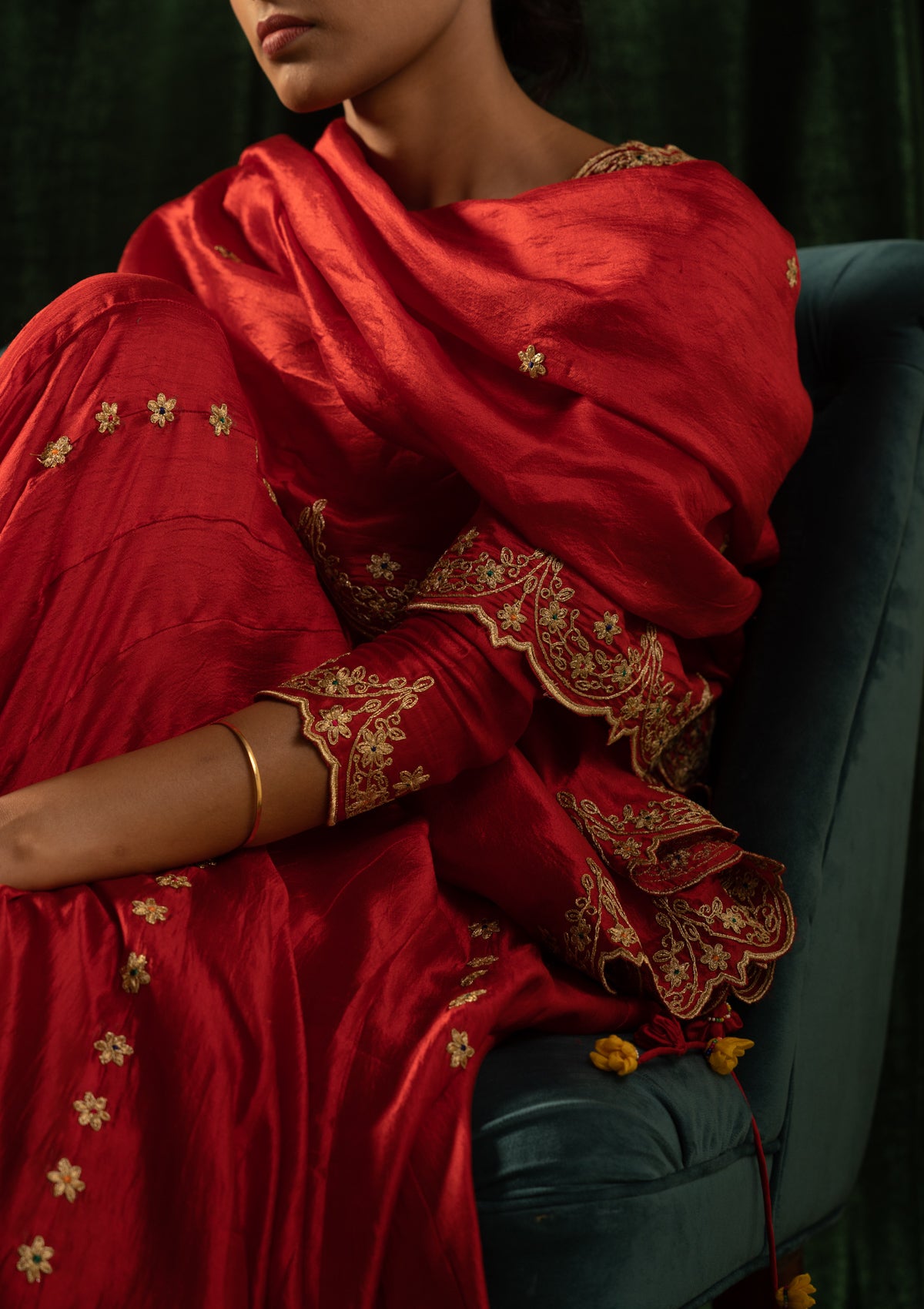 Alta Red Mulberry Silk Skirt Blouse & Dupatta Set