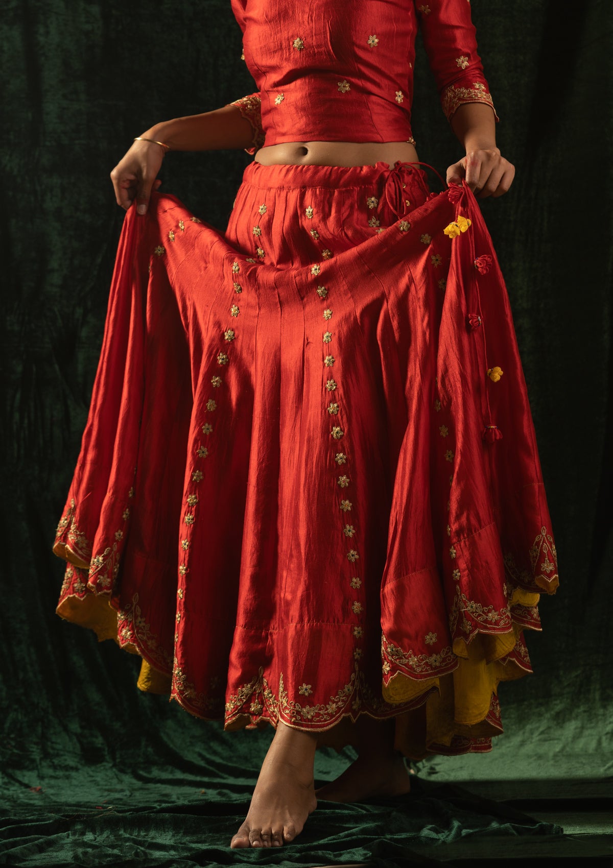 Alta Red Mulberry Silk Skirt Blouse & Dupatta Set