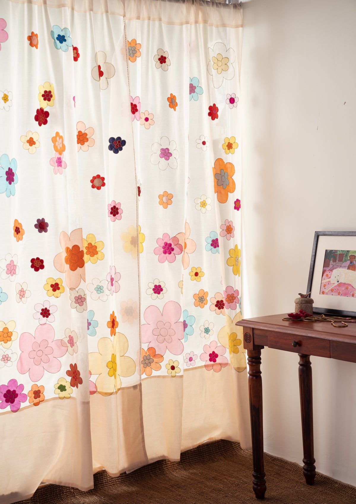 Aurora Beige Applique Chanderi Curtain