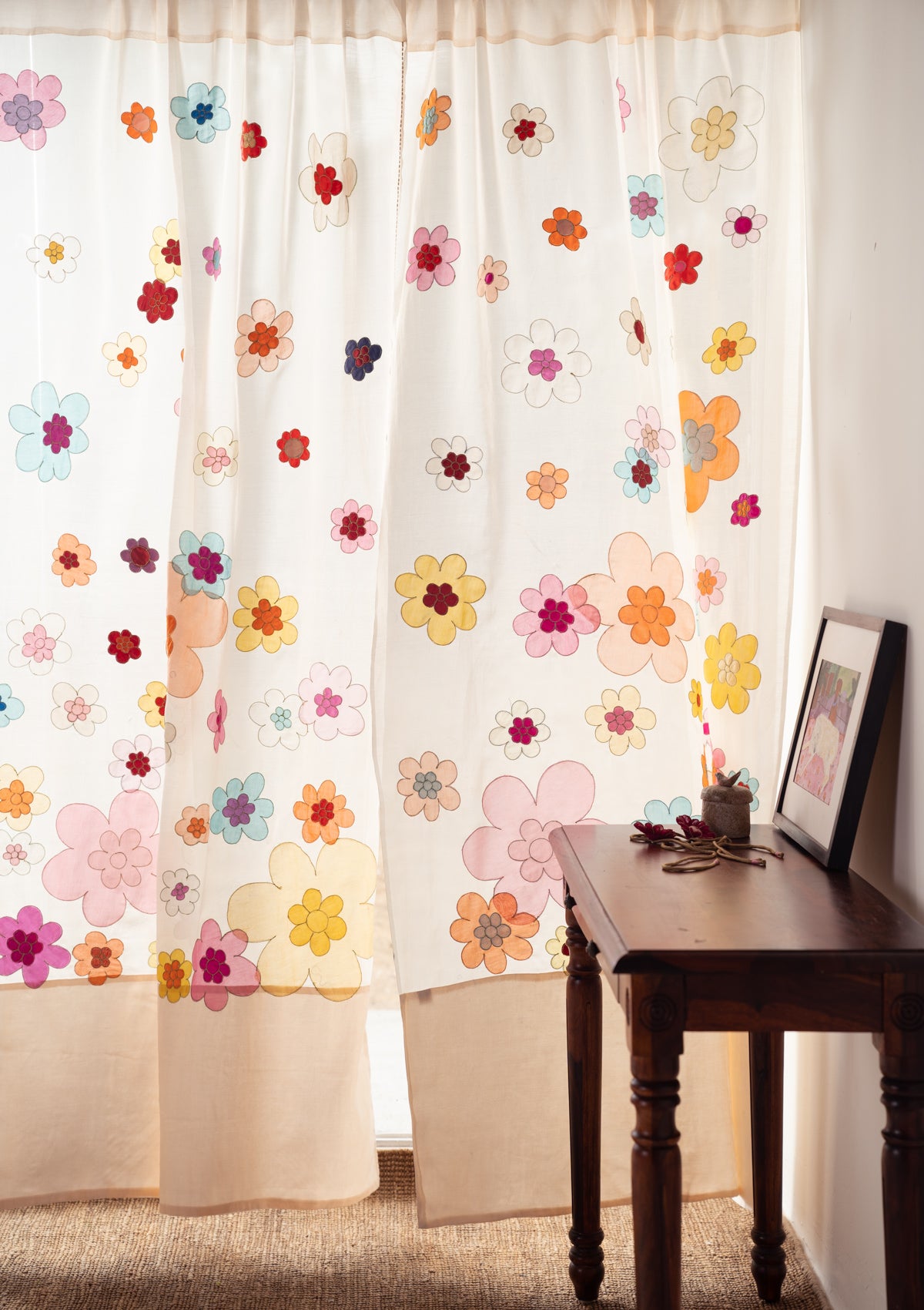 Aurora Beige Applique Chanderi Curtain