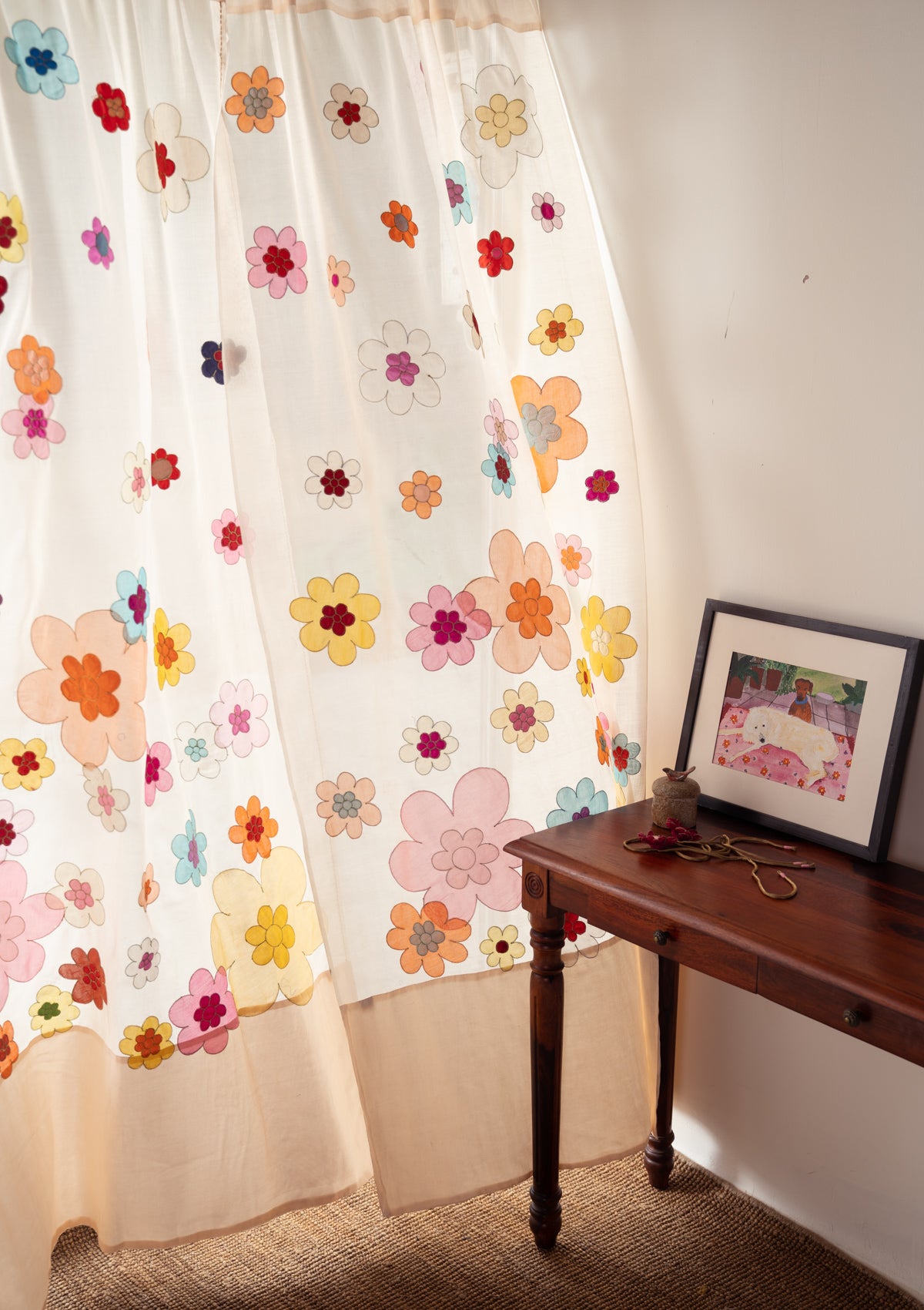 Aurora Beige Applique Chanderi Curtain