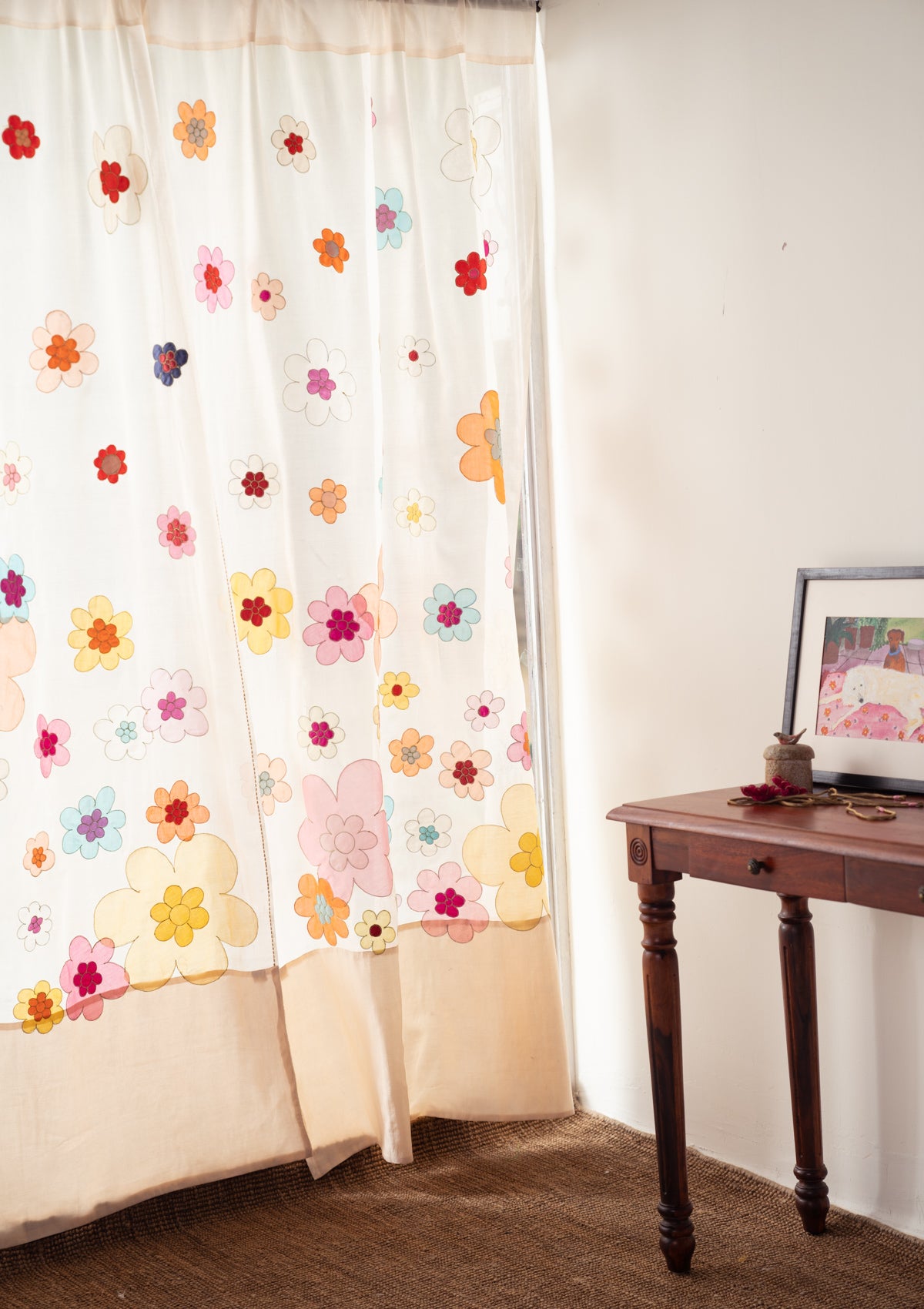 Aurora Beige Applique Chanderi Curtain