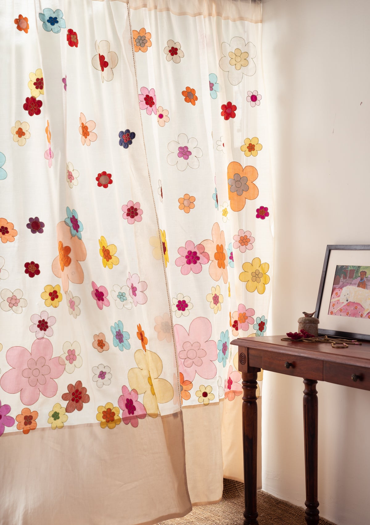 Aurora Beige Applique Chanderi Curtain
