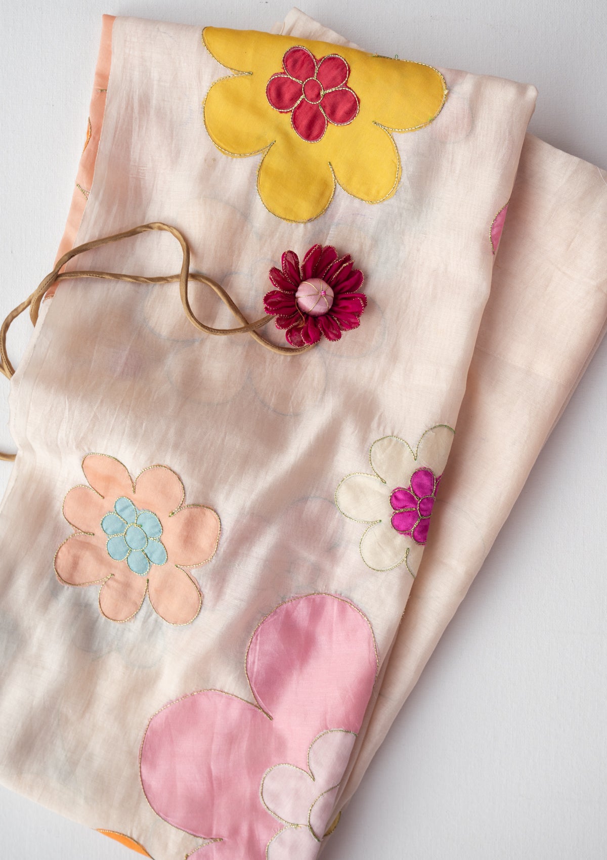 Aurora Beige Applique Chanderi Curtain