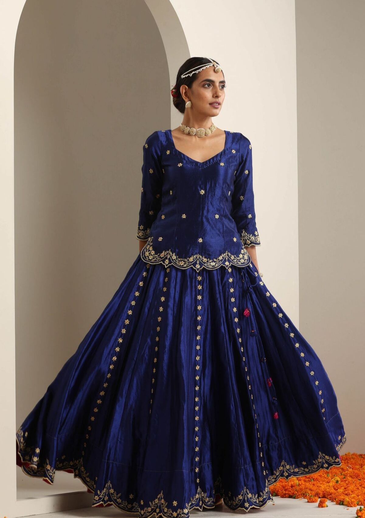 Baghbana Blue Mulberry Silk Skirt Blouse & Dupatta Set