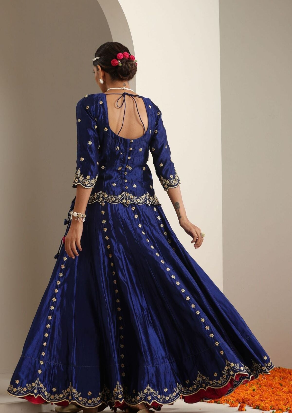 Baghbana Blue Mulberry Silk Skirt Blouse & Dupatta Set