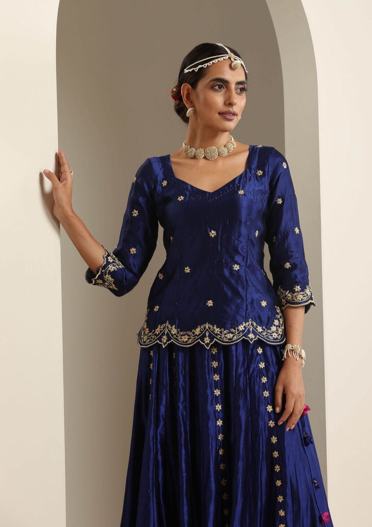 Baghbana Blue Mulberry Silk Skirt Blouse & Dupatta Set