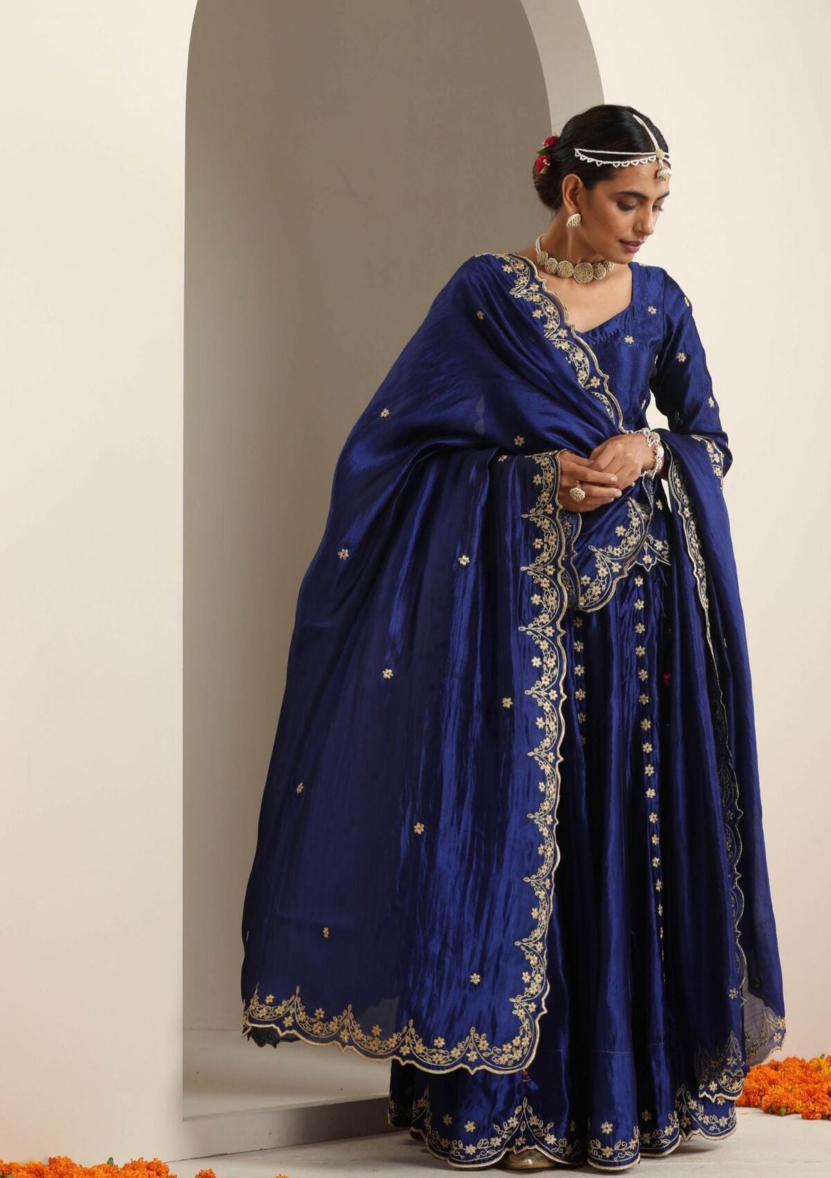 Baghbana Blue Mulberry Silk Skirt Blouse & Dupatta Set