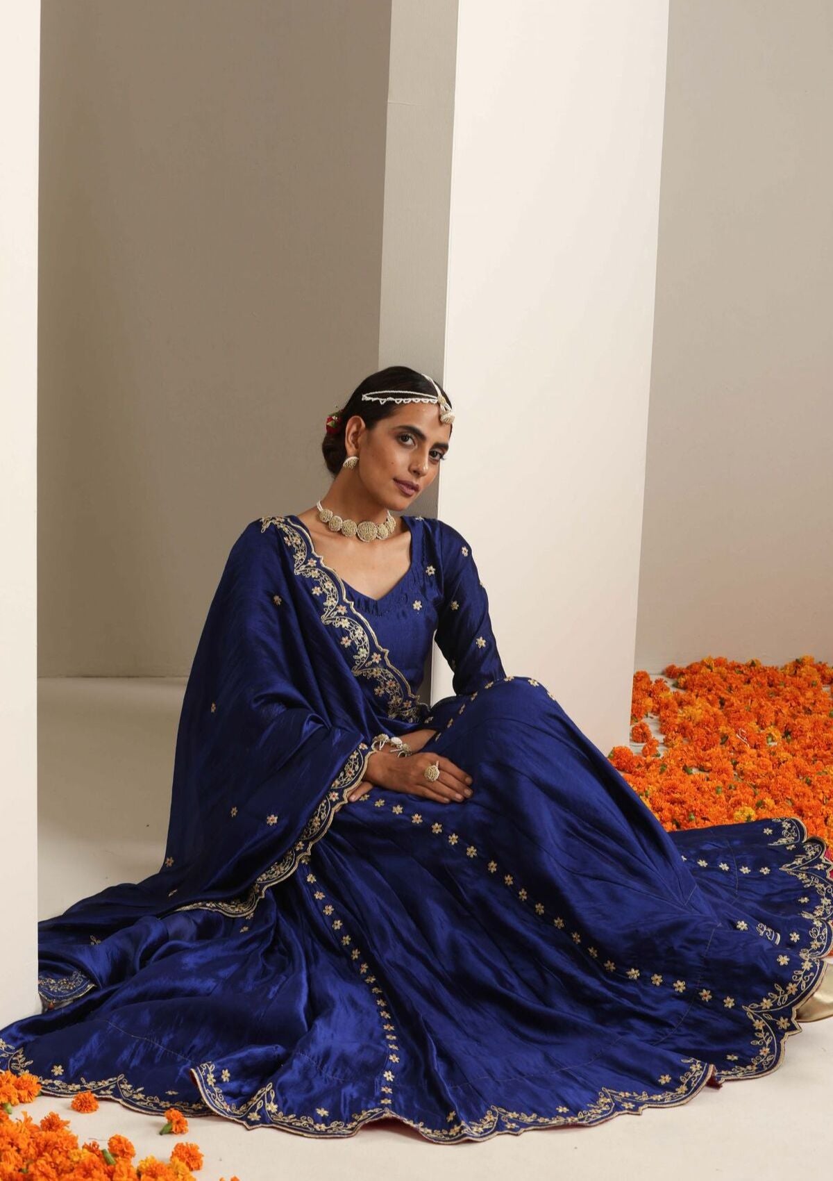 Baghbana Blue Mulberry Silk Skirt Blouse & Dupatta Set