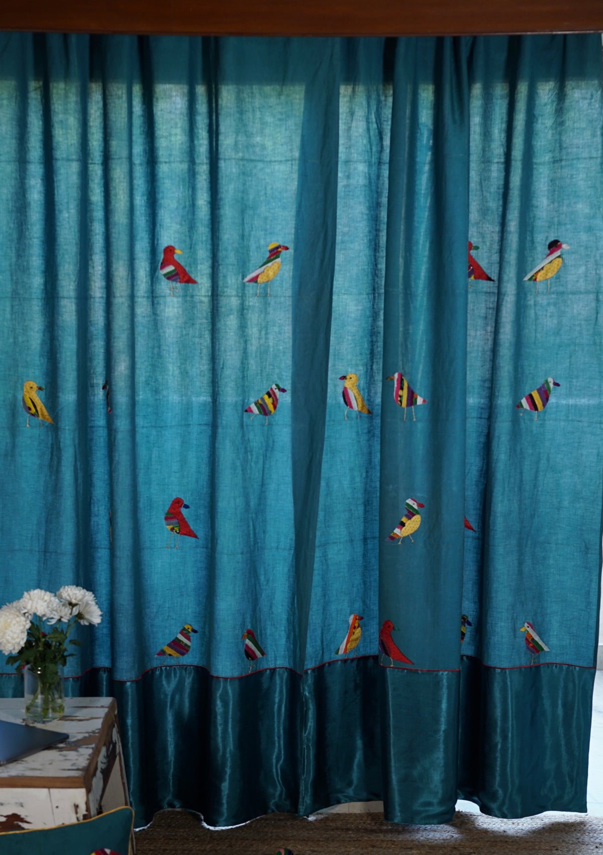 Cuckoos Teal Linen Curtain
