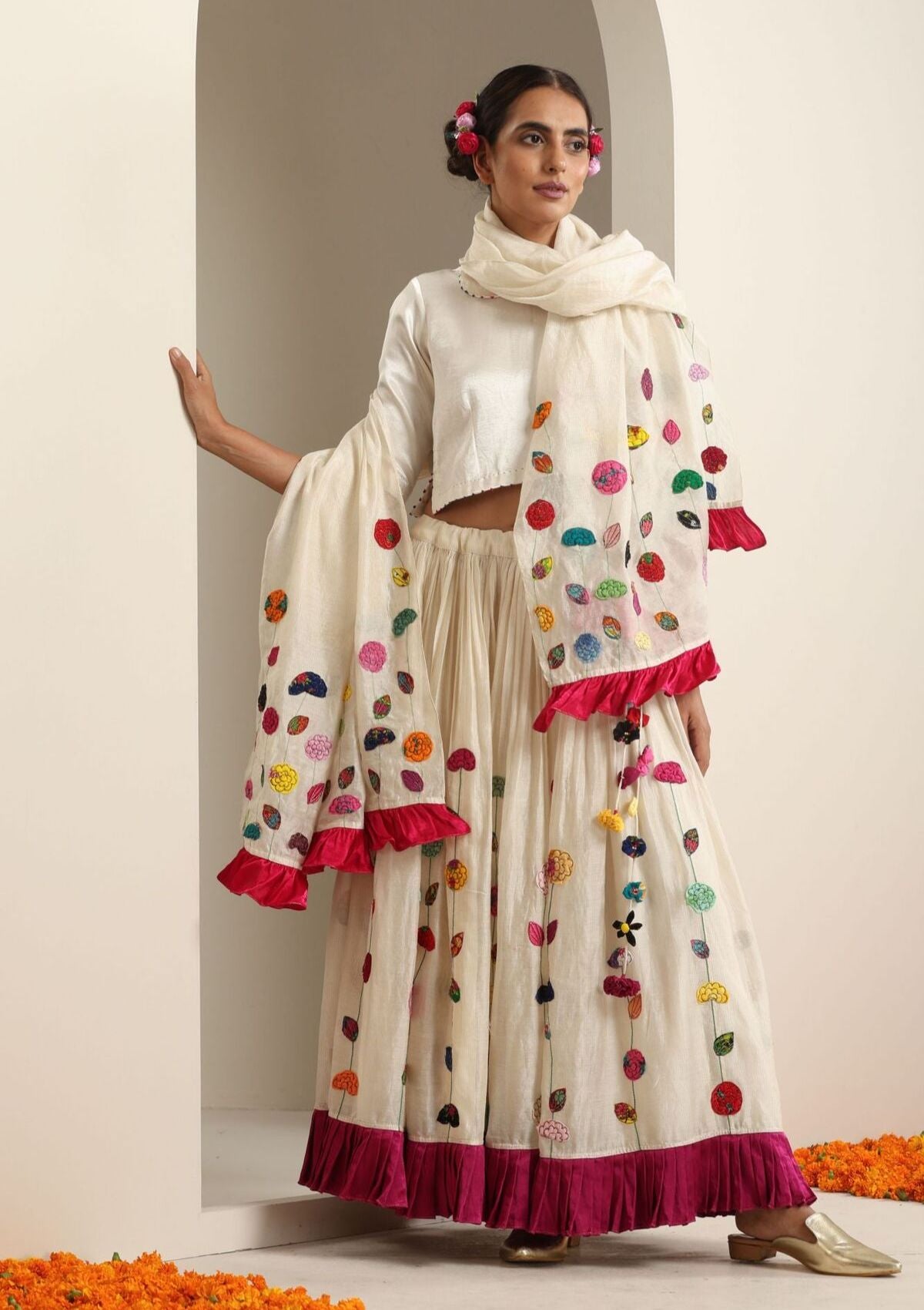 Deoria Ivory Ghagra, Blouse & Dupatta set