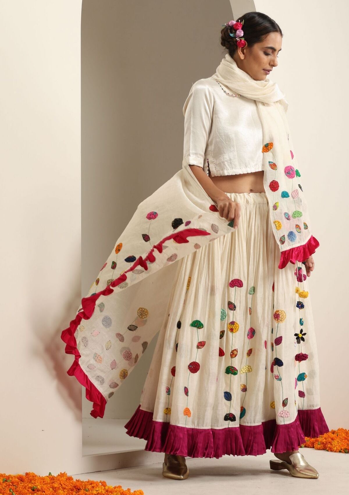 Deoria Ivory Ghagra, Blouse & Dupatta set