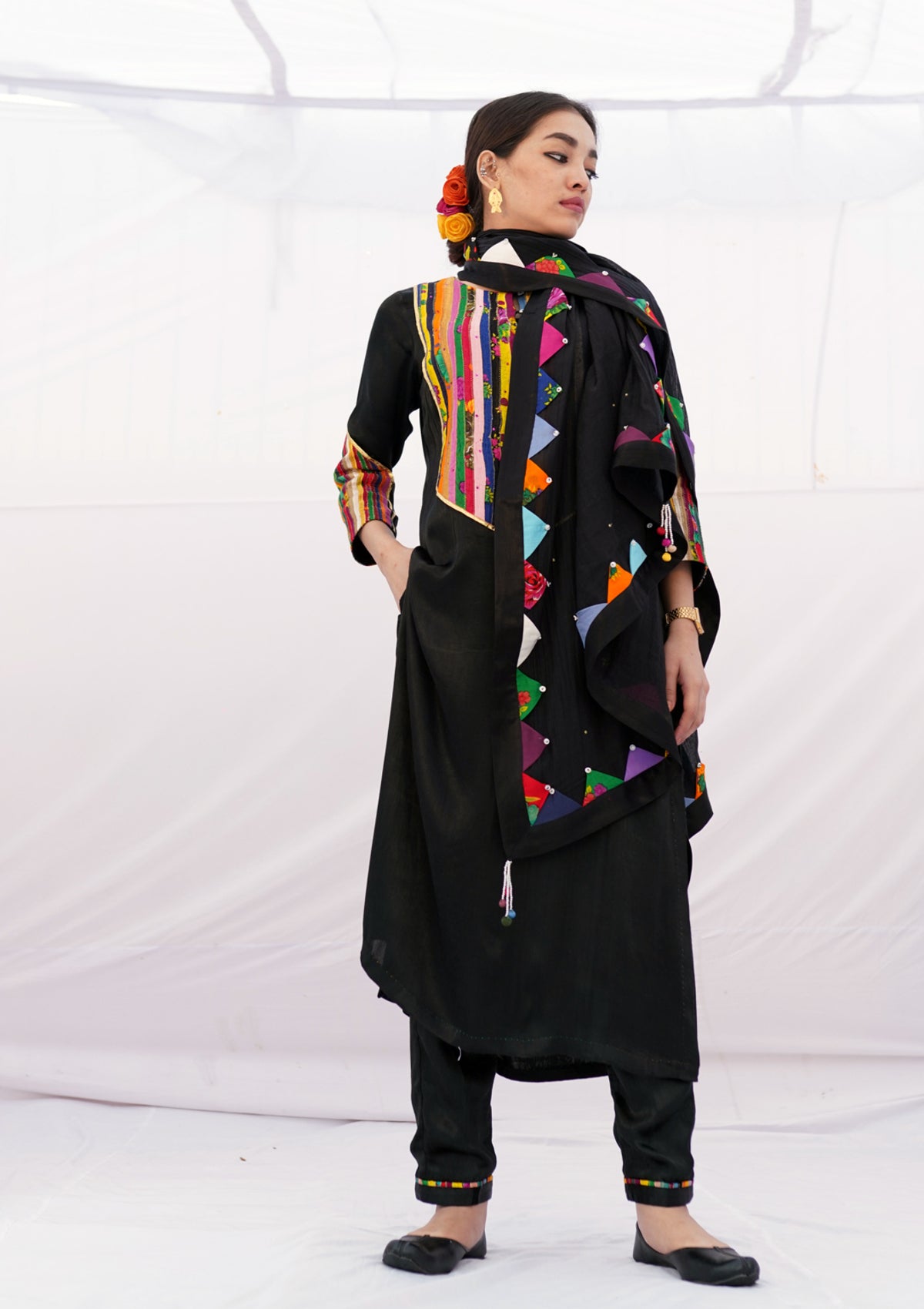 Dhampachada Black Chanderi Dupatta