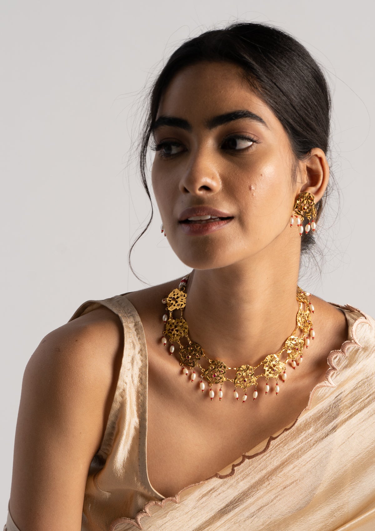 Gauri Gold Tone Silver Necklace & Earrings Set