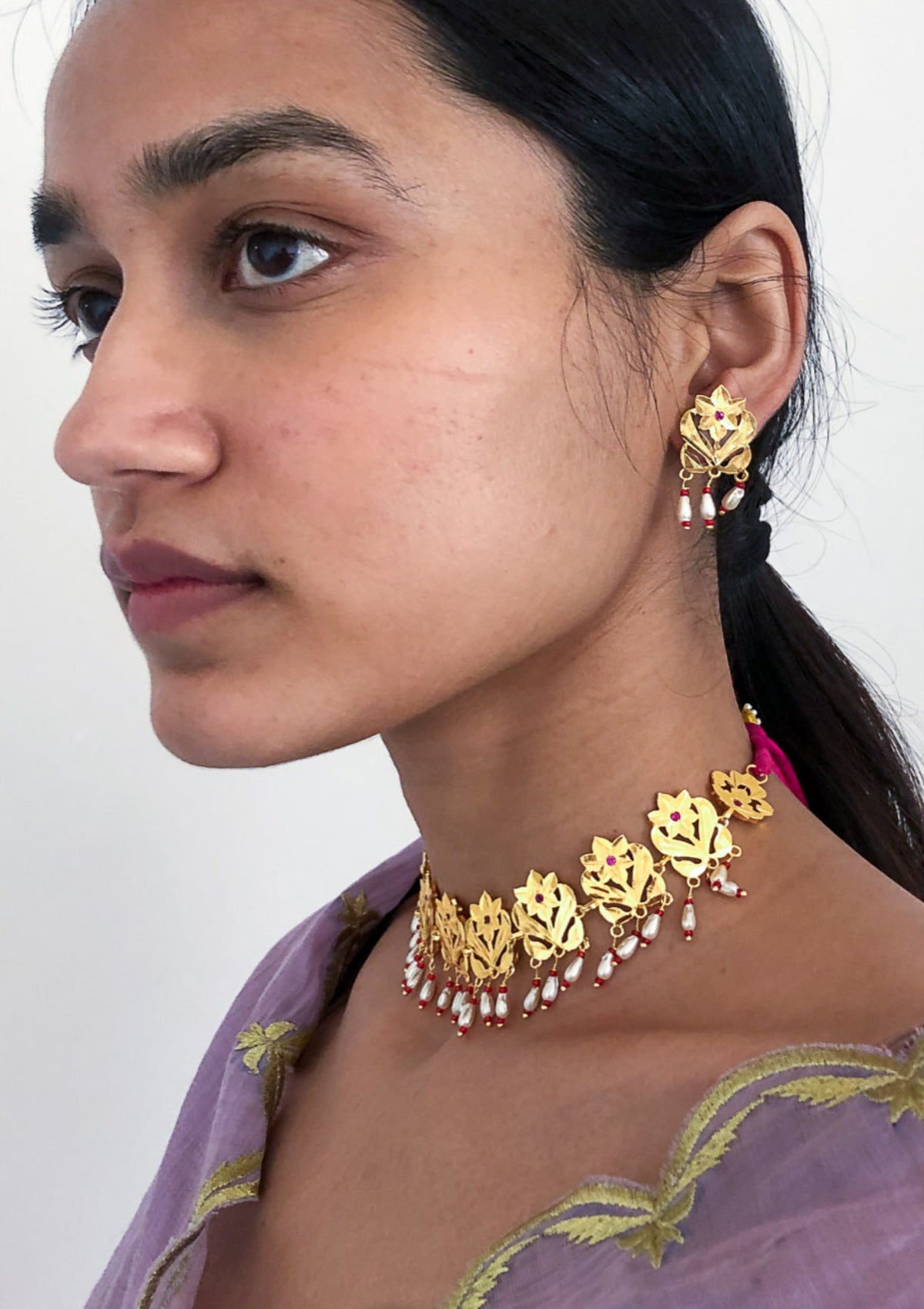 Gulband Pearl Gold Tone Silver Necklace & Earrings Set