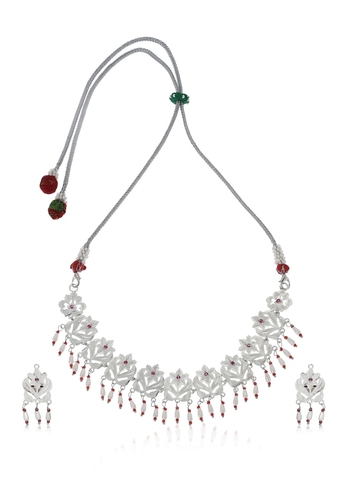 Gulband Silver Pearl Necklace & Earrings Set