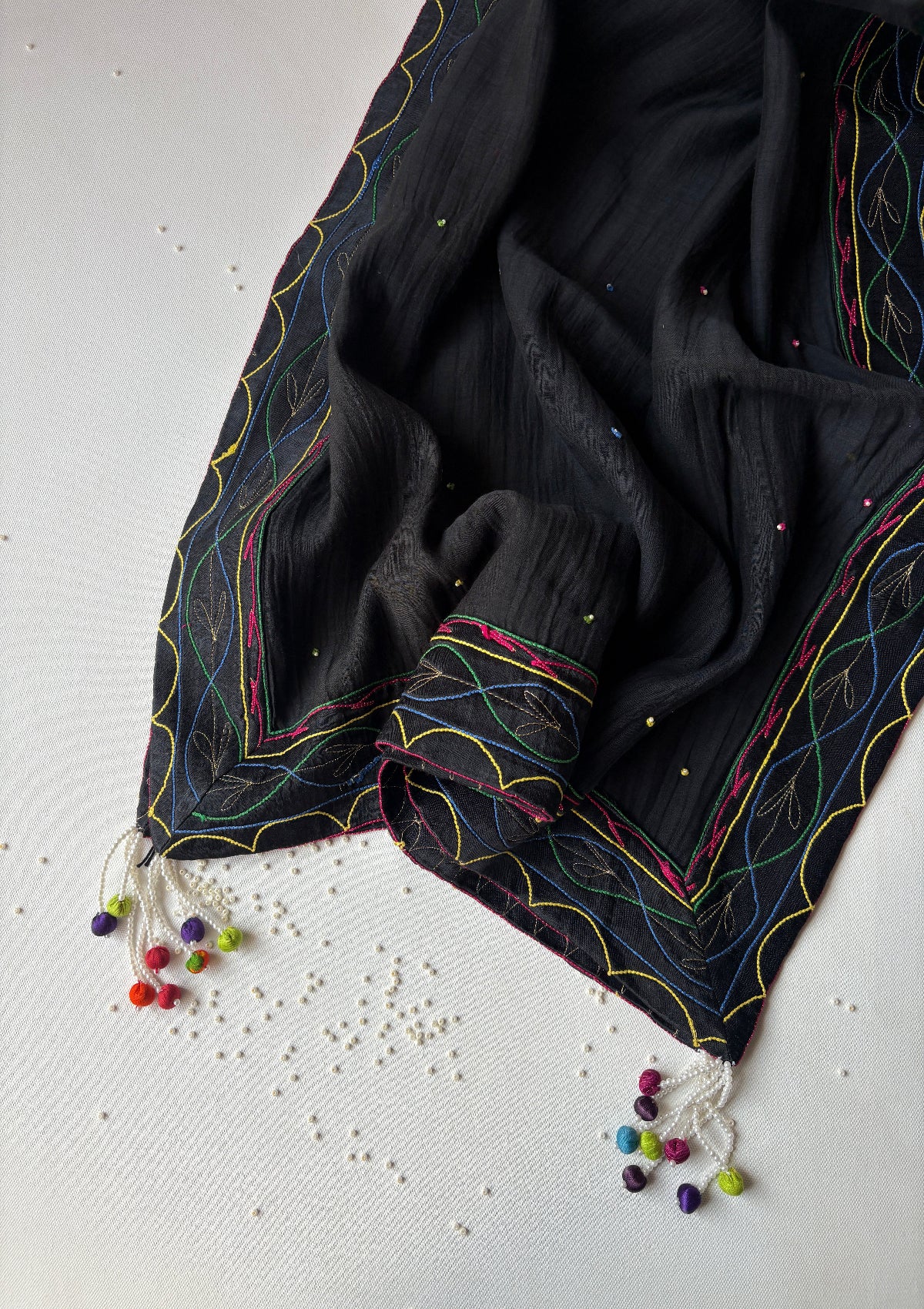 Black Cotton Dupatta with Ornate Borders