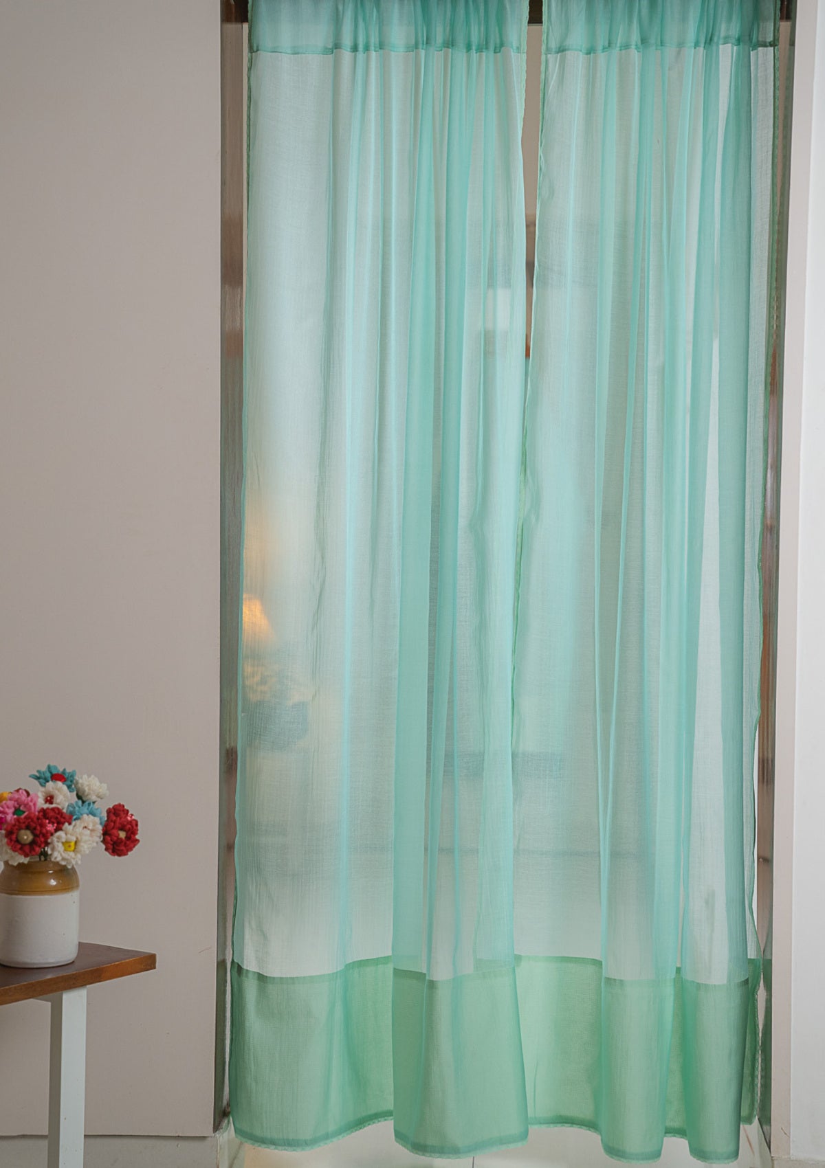 Jade Green Chanderi Sheer Curtains- Set of 2