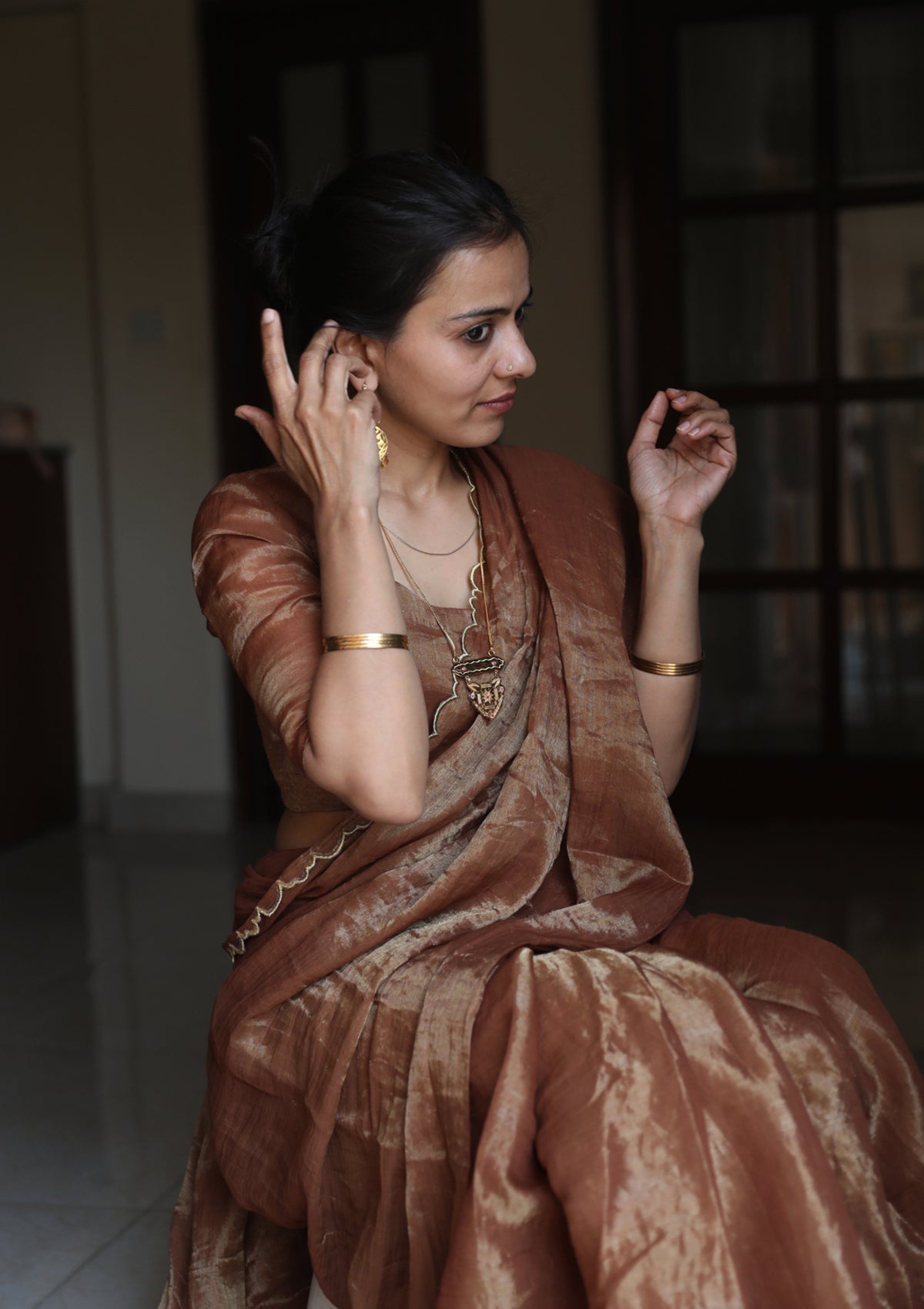 Kaffee Tan Tissue Chanderi Saree