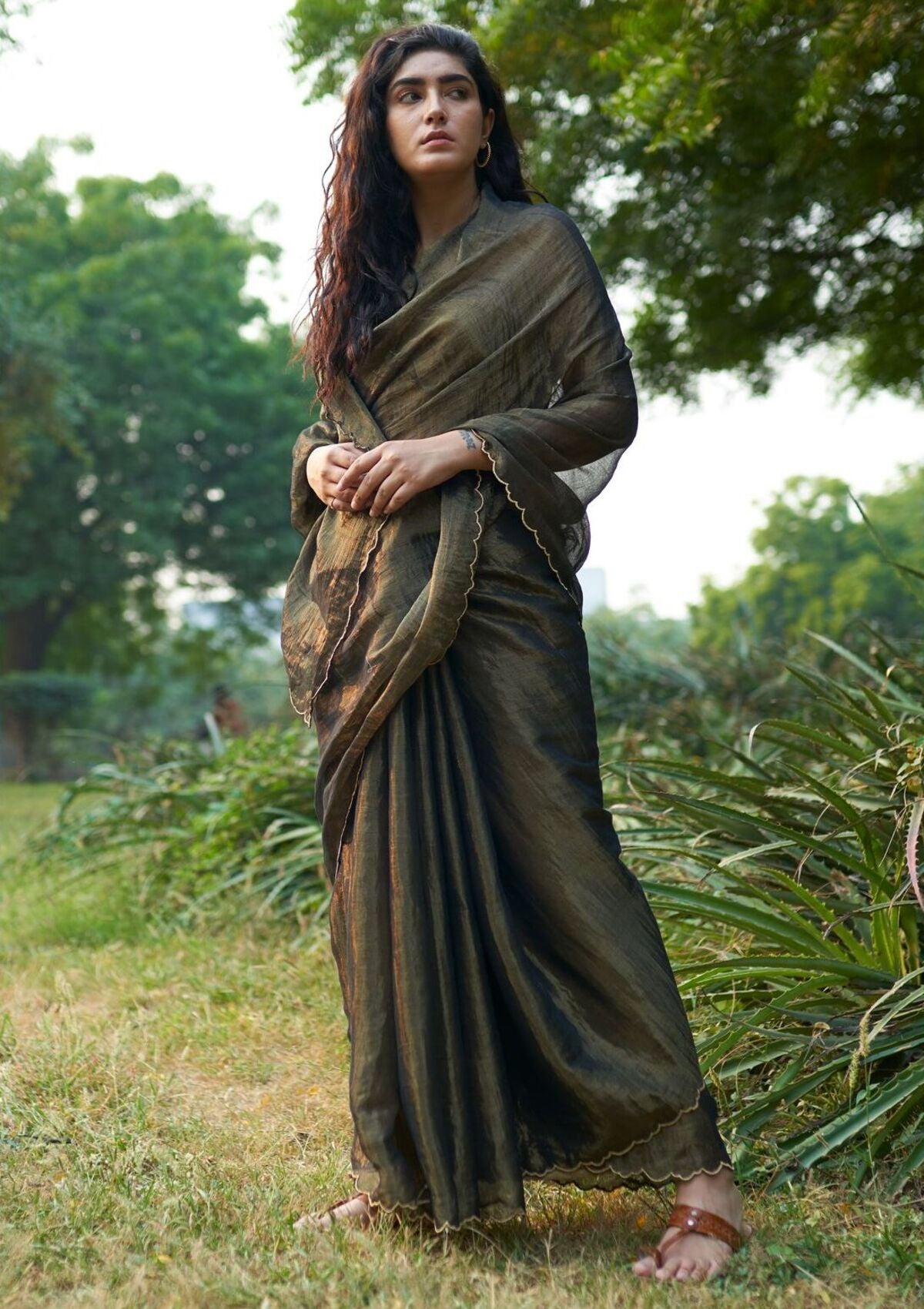 Midnight Charcoal Tissue Chanderi Saree
