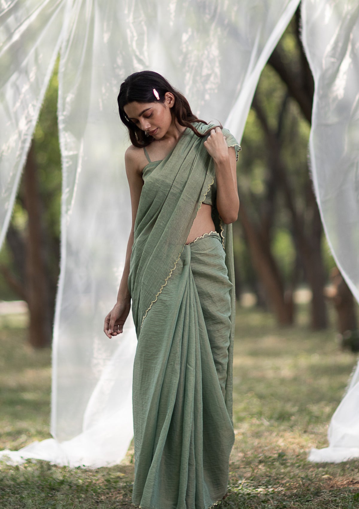 Sage Olive Tissue Chanderi Saree