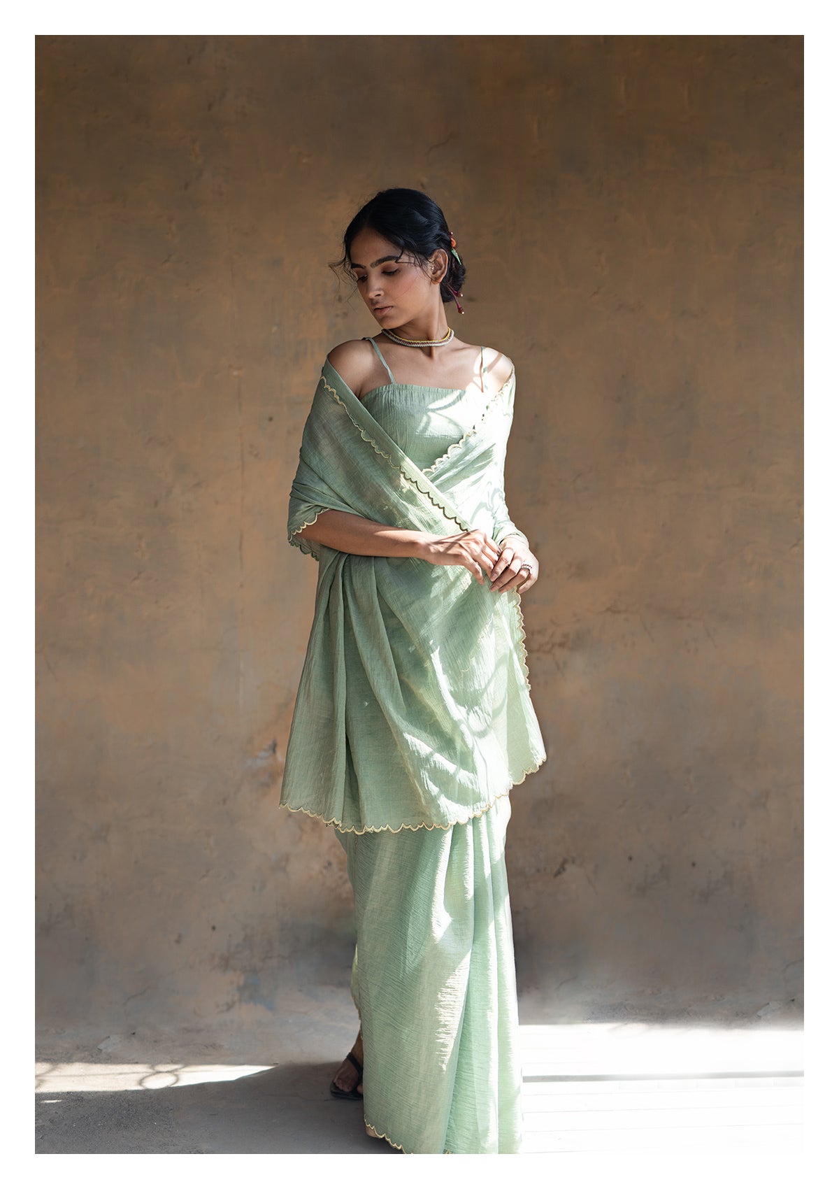 Sage Olive Tissue Chanderi Saree