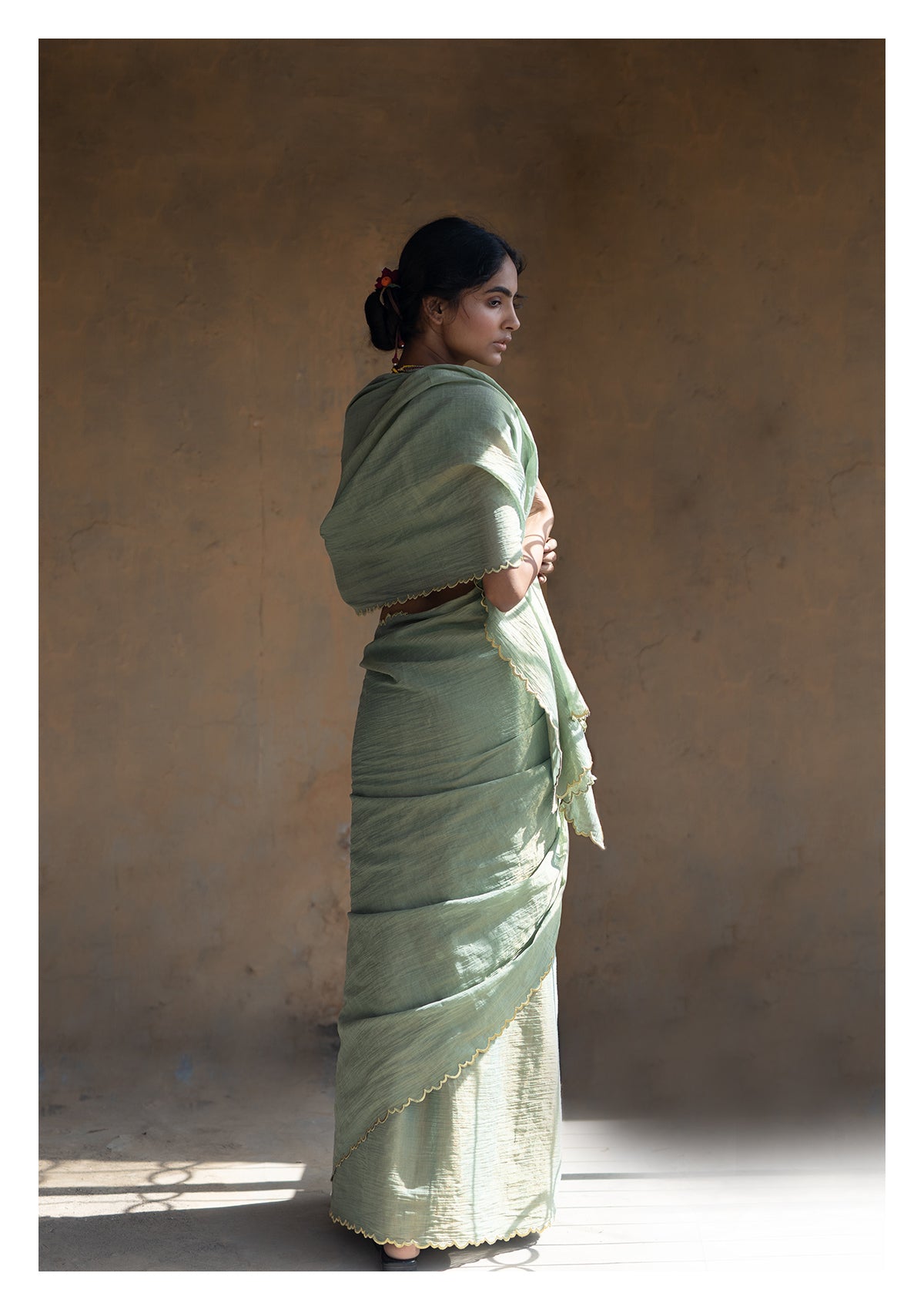 Sage Olive Tissue Chanderi Saree