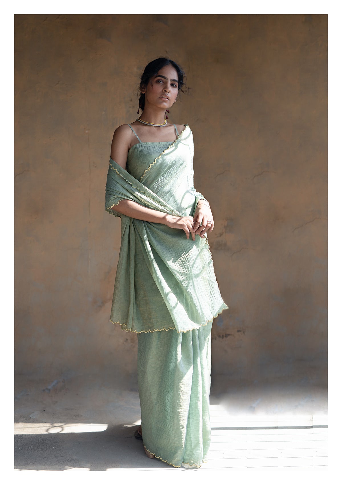 Sage Olive Tissue Chanderi Saree