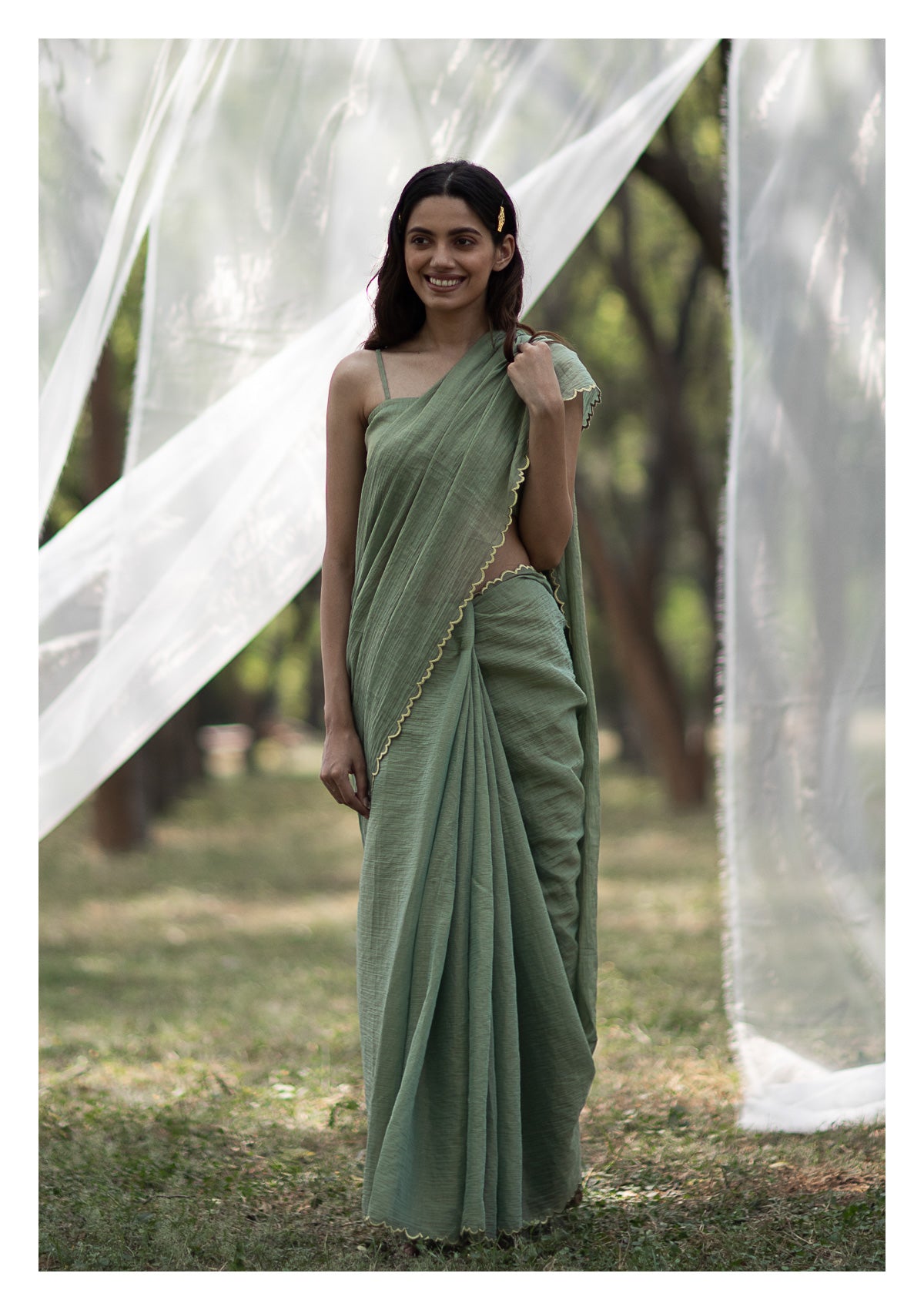 Sage Olive Tissue Chanderi Saree