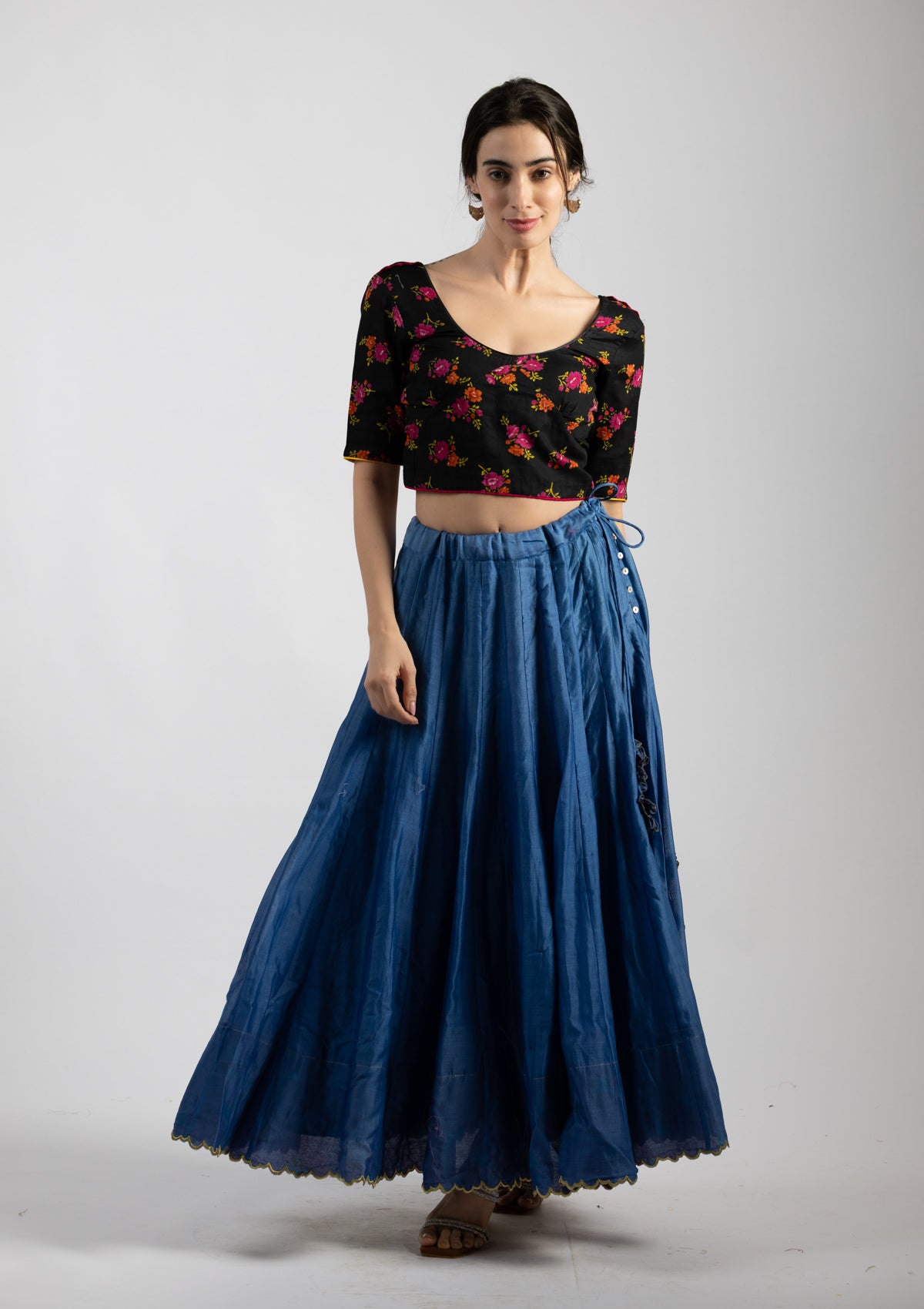 Printed Black Cotton Blouse - Size Extra Small