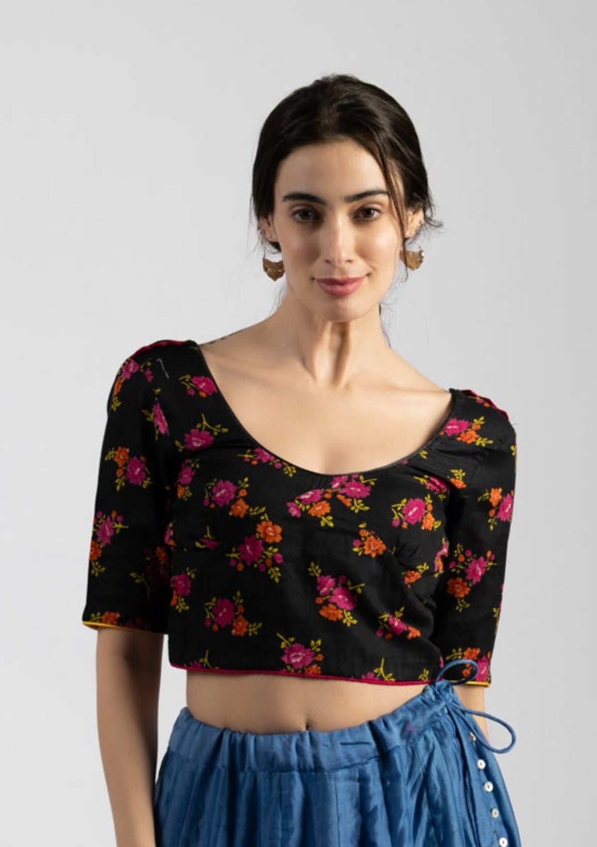 Printed Black Cotton Blouse - Size Extra Small