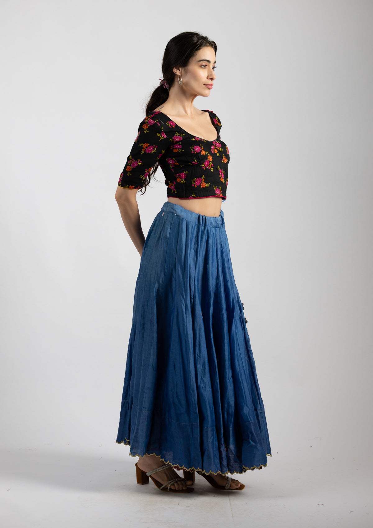 Printed Black Cotton Blouse - Size Extra Small