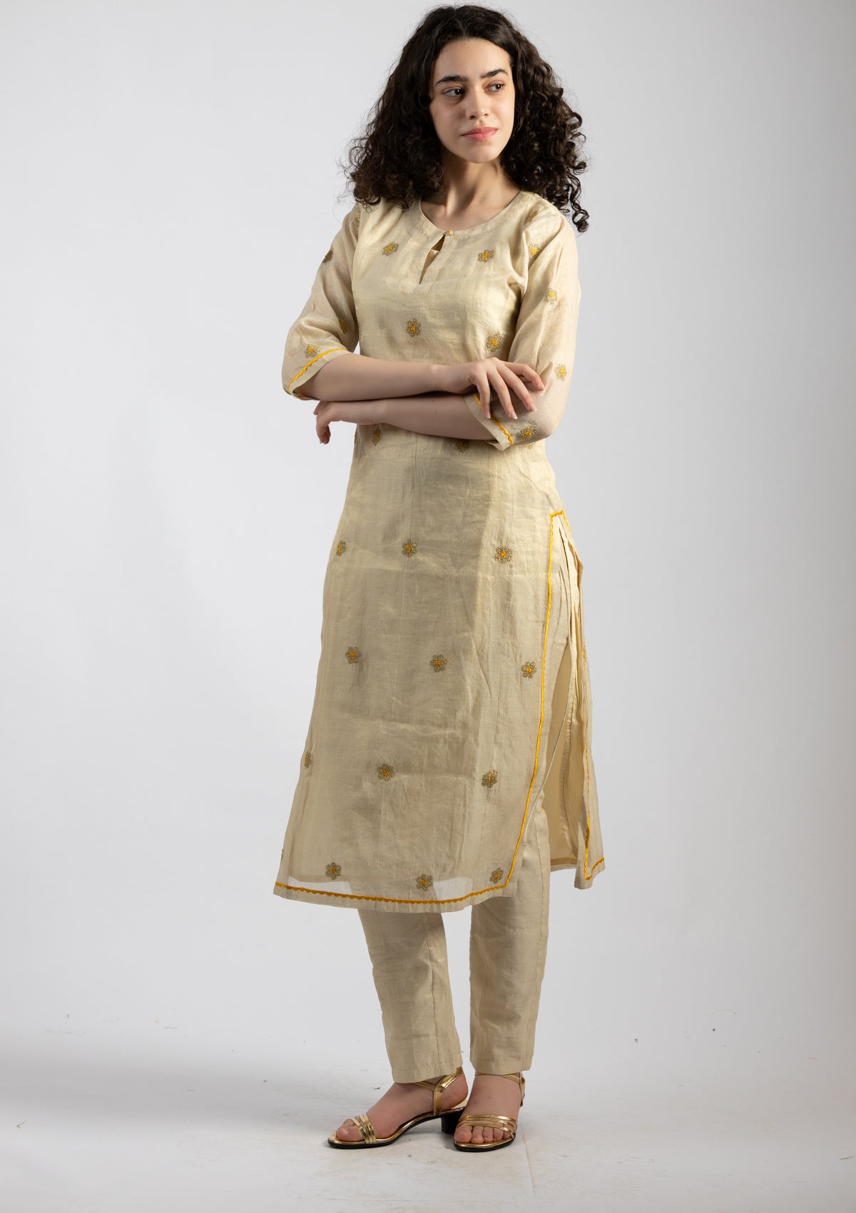 White Vogue Chanderi Kurta Pant Set - Size Small