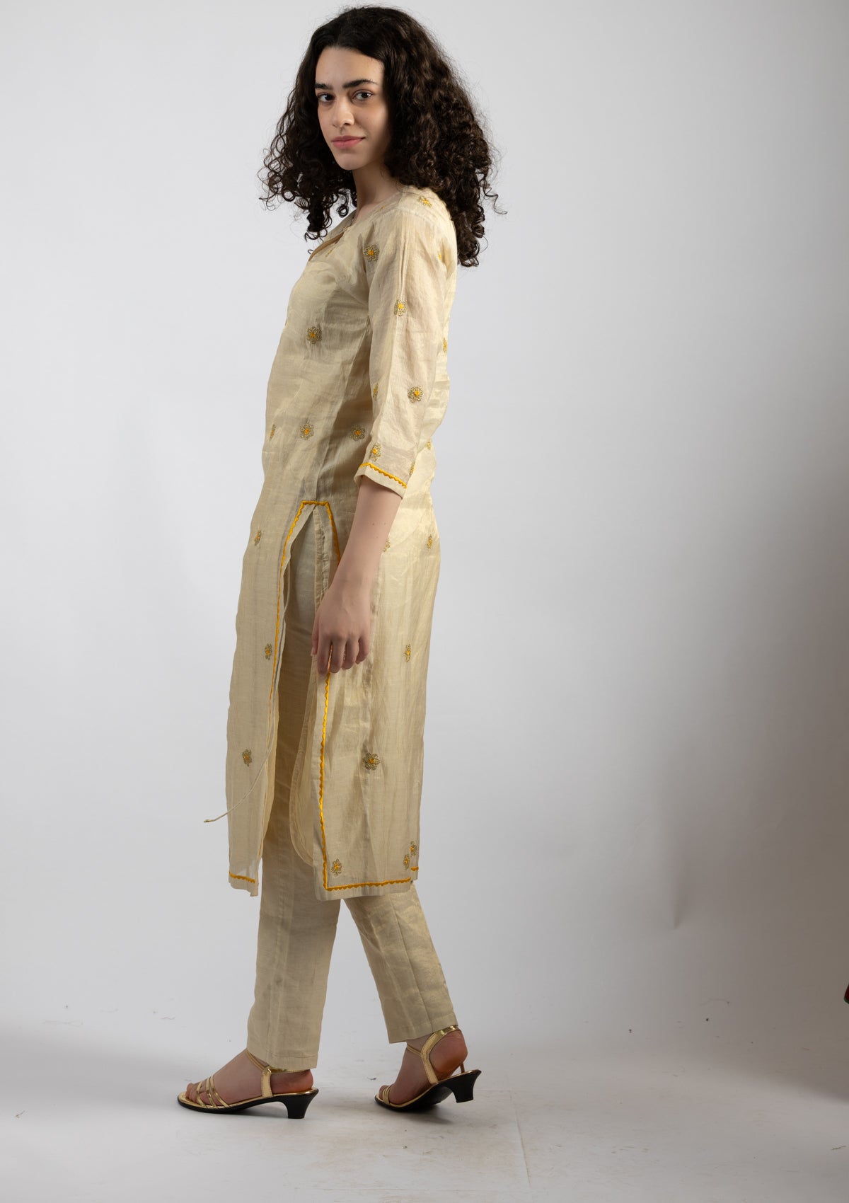 White Vogue Chanderi Kurta Pant Set - Size Small