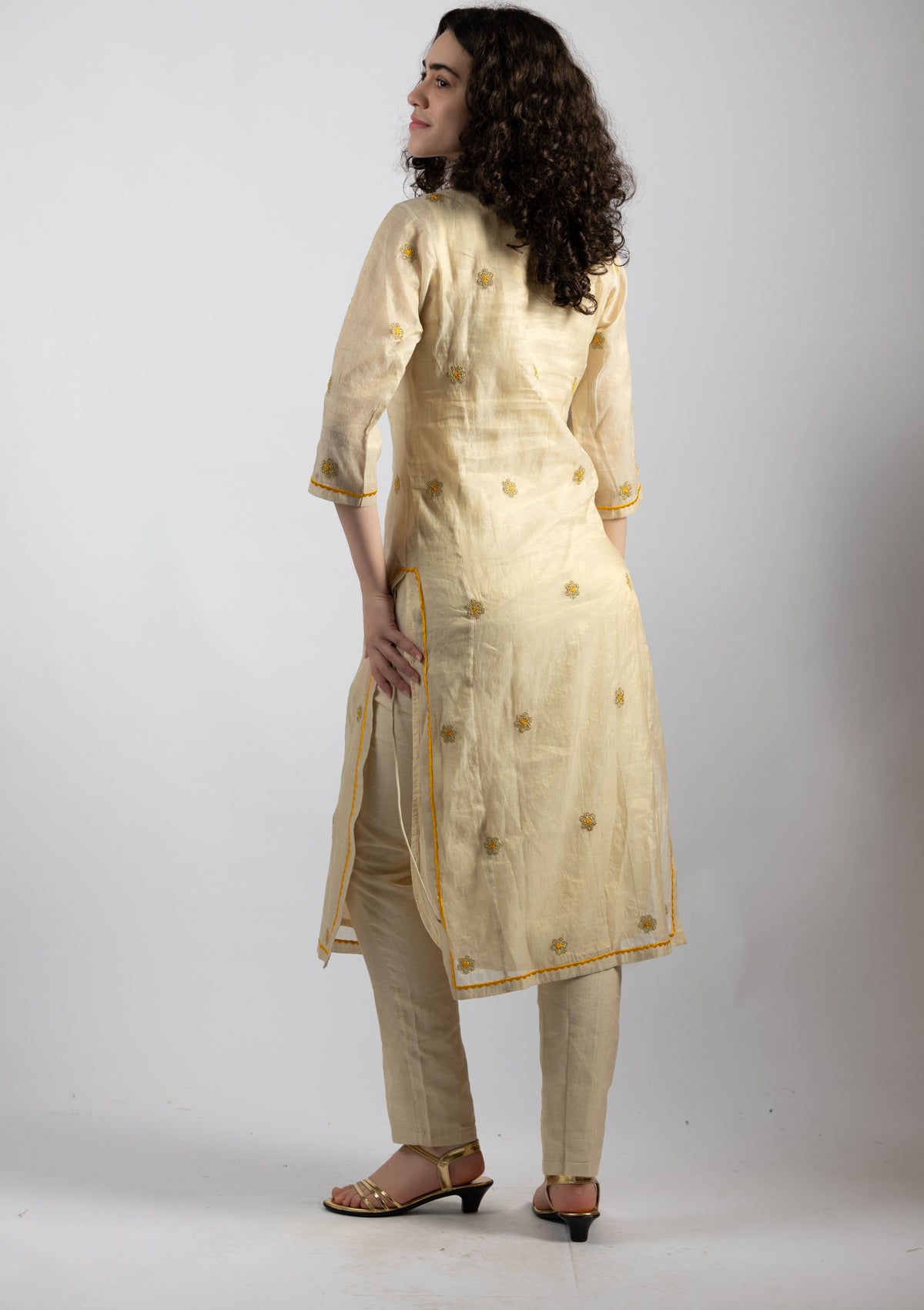 White Vogue Chanderi Kurta Pant Set - Size Small