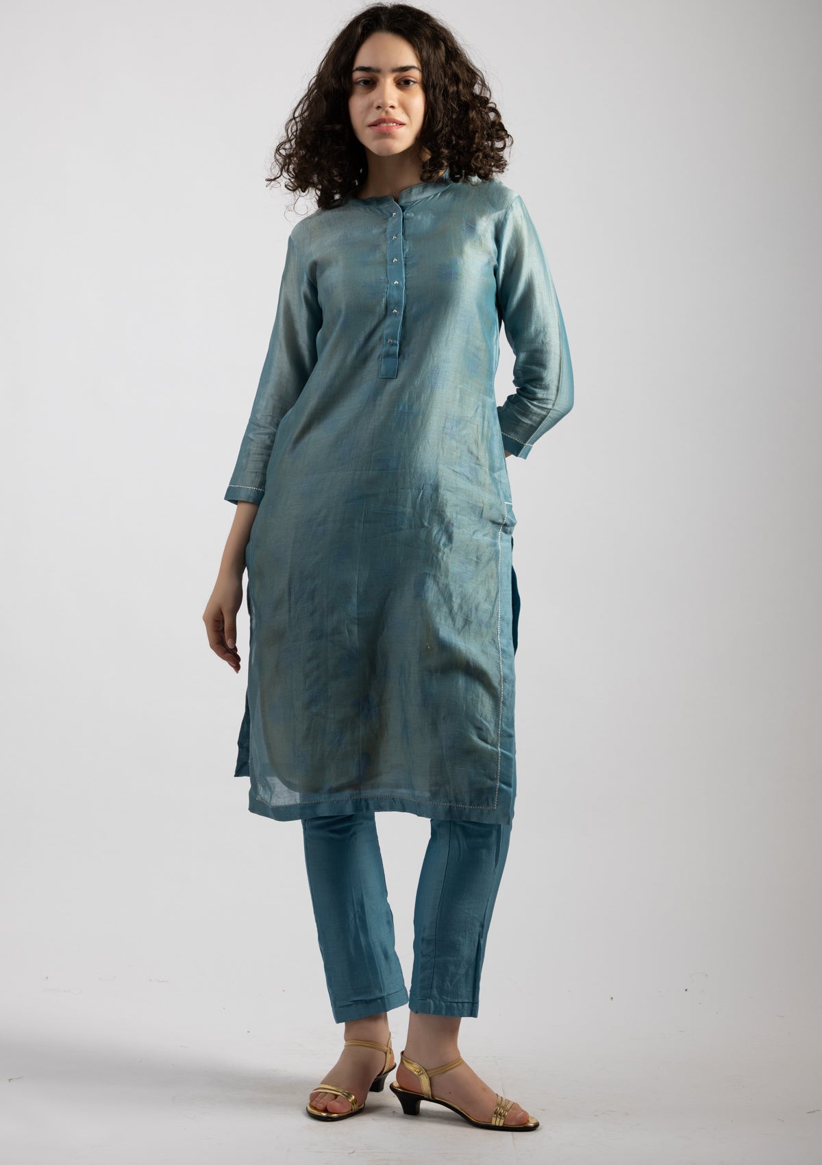 Sky Mist Chanderi Kurta Pant Set - Size Small