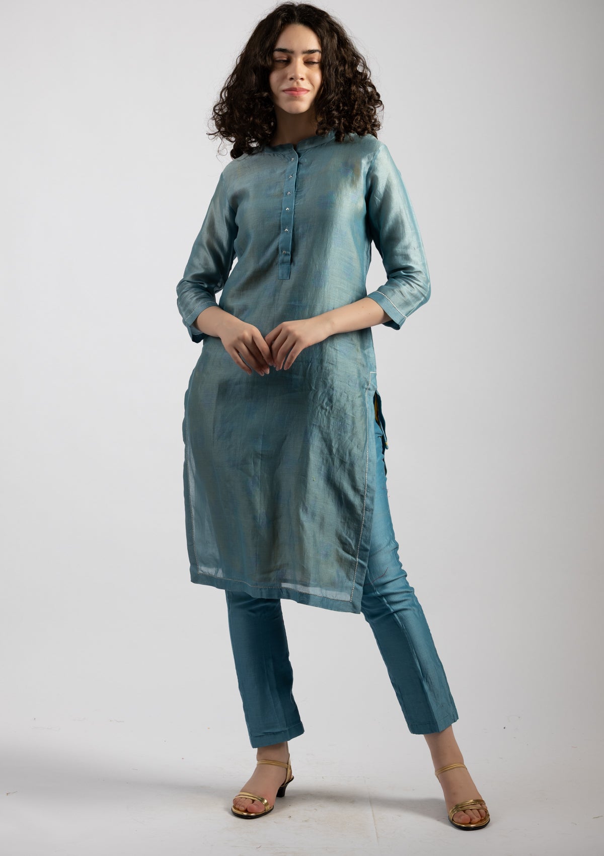 Sky Mist Chanderi Kurta Pant Set - Size Small