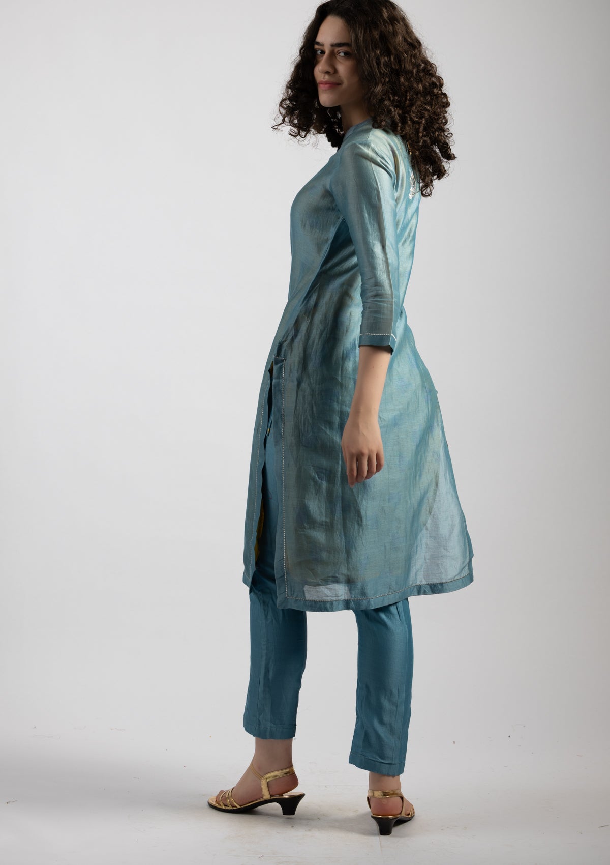 Sky Mist Chanderi Kurta Pant Set - Size Small