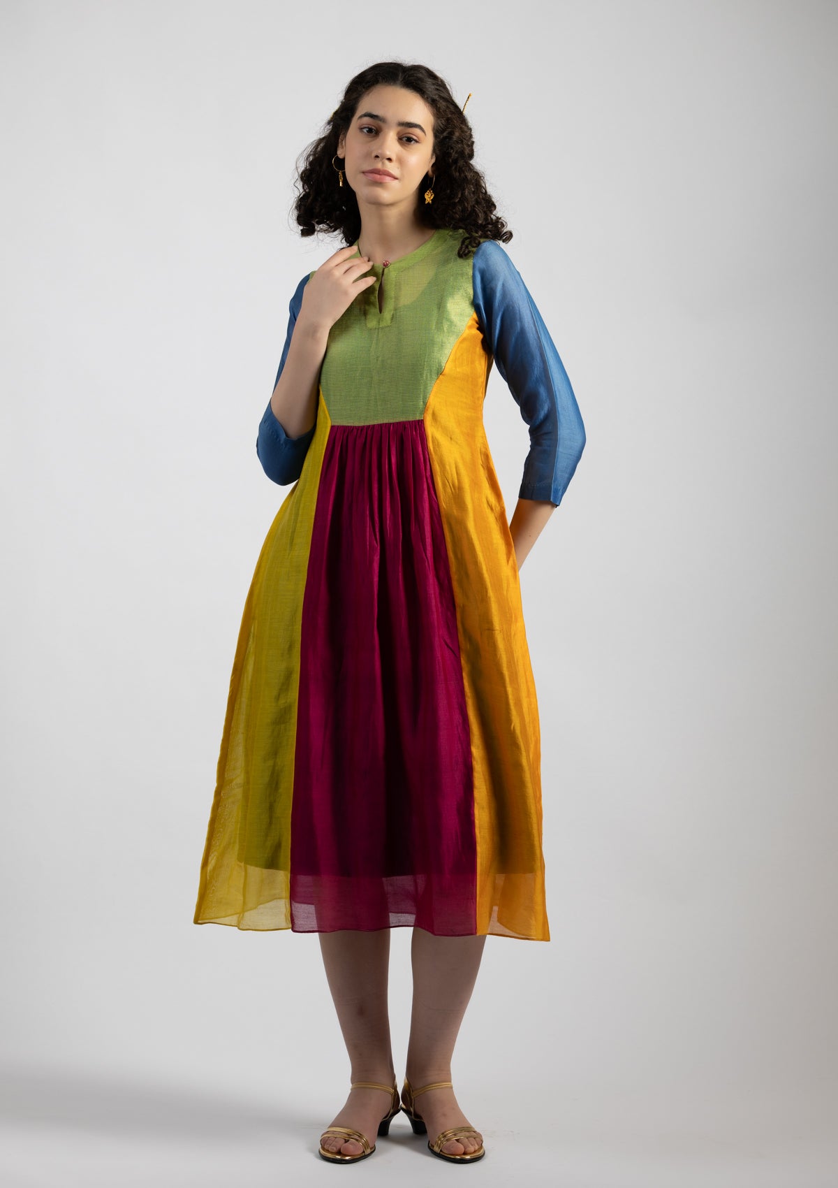 Ovia Multi Color Chanderi Dress - Size Small