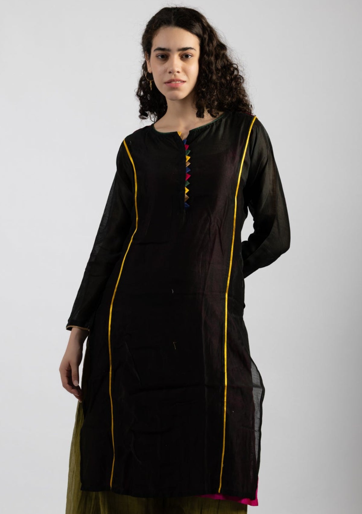 Sleek Ebony Tissue Kurta - Size Small