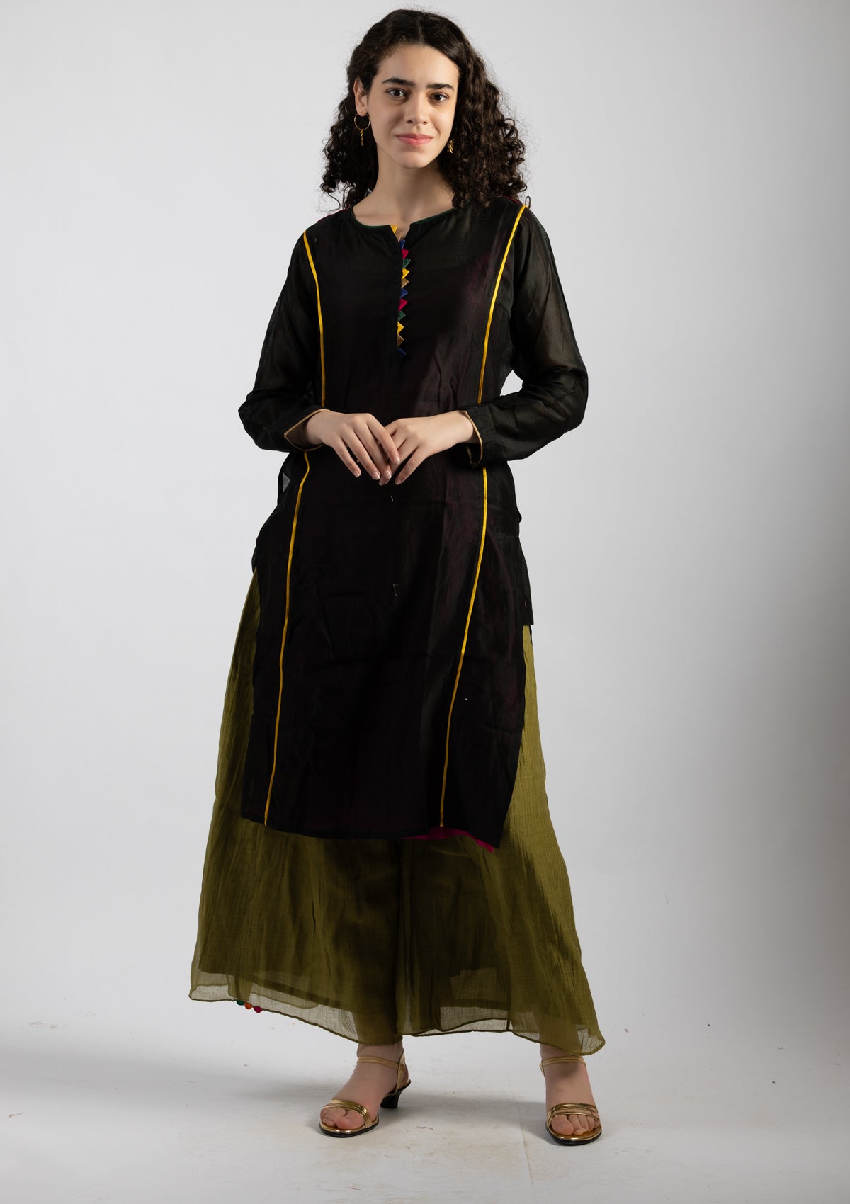 Sleek Ebony Tissue Kurta - Size Small