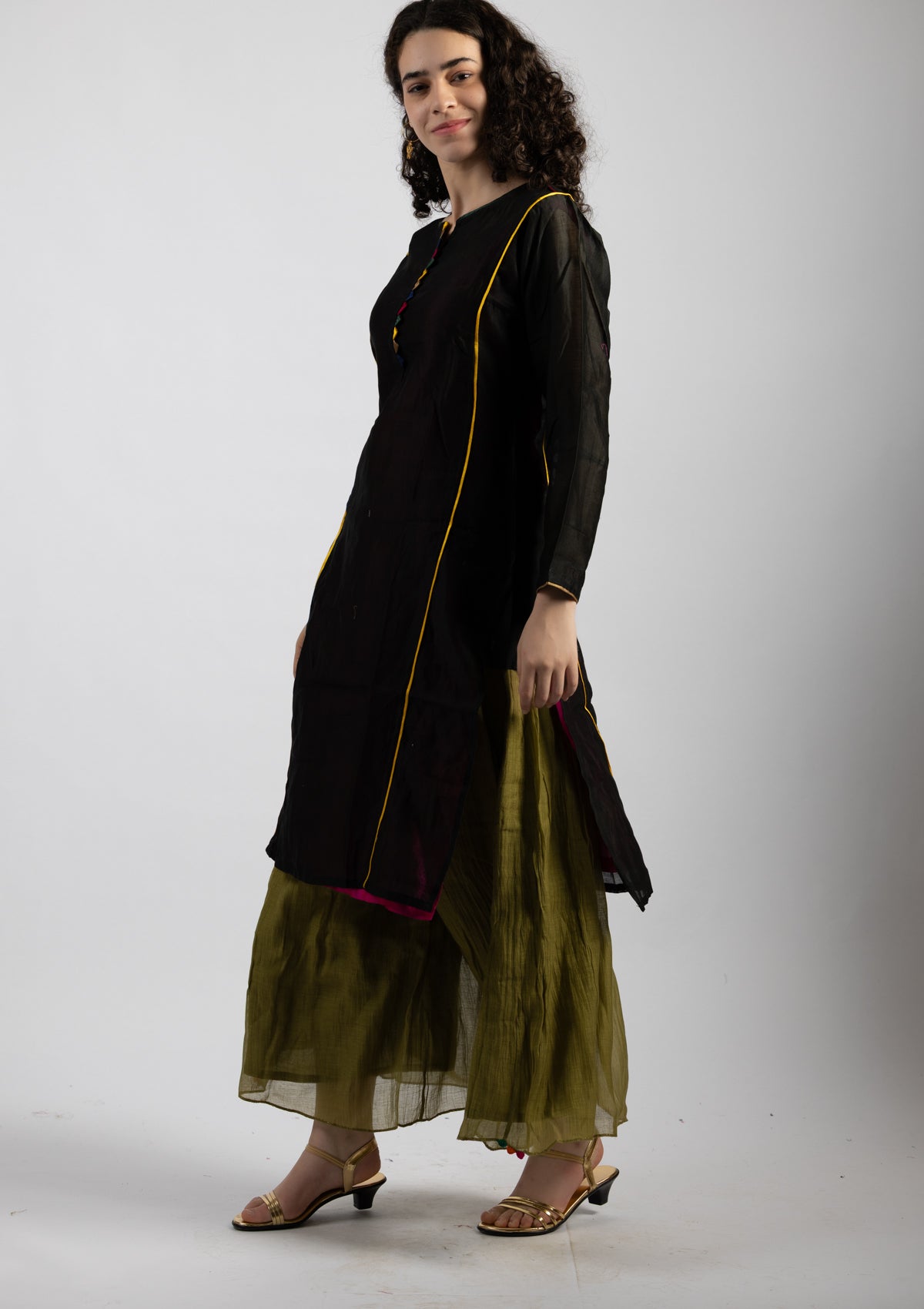 Sleek Ebony Tissue Kurta - Size Small