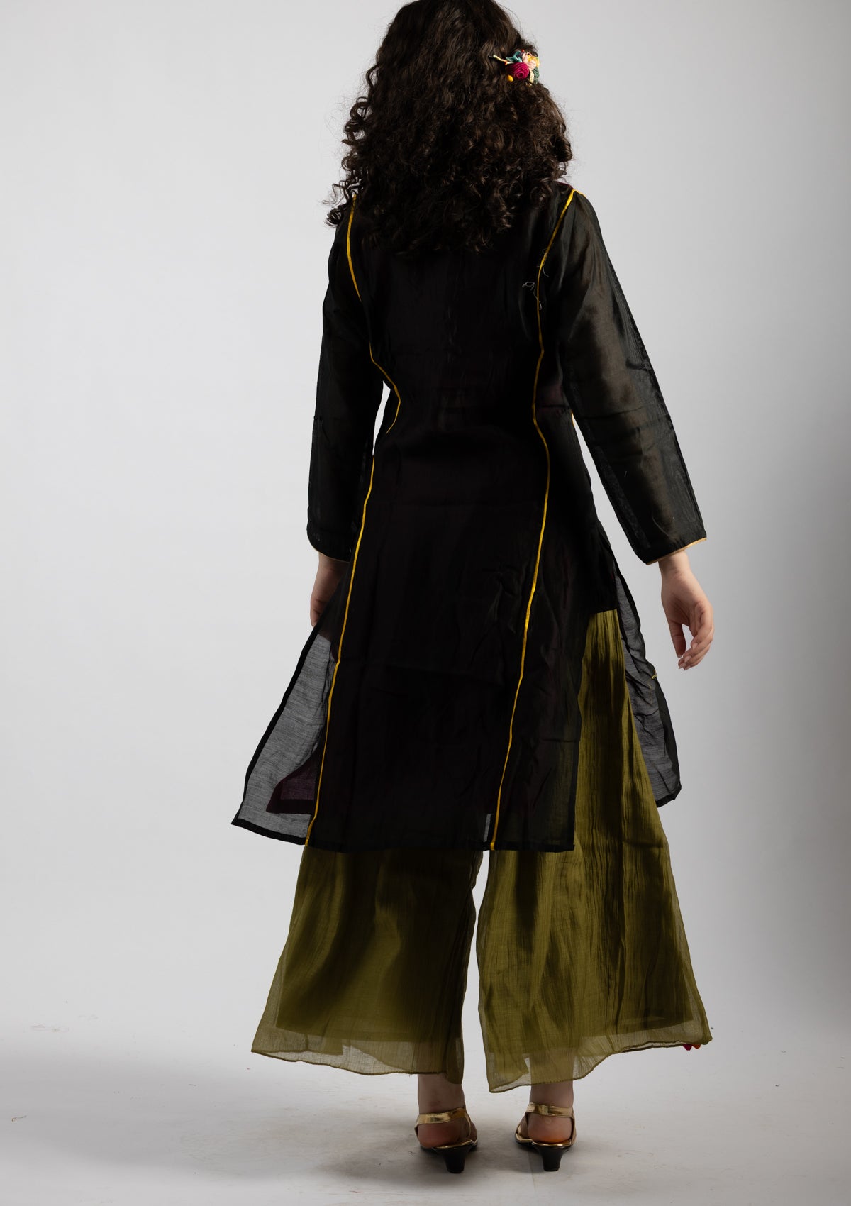 Sleek Ebony Tissue Kurta - Size Small
